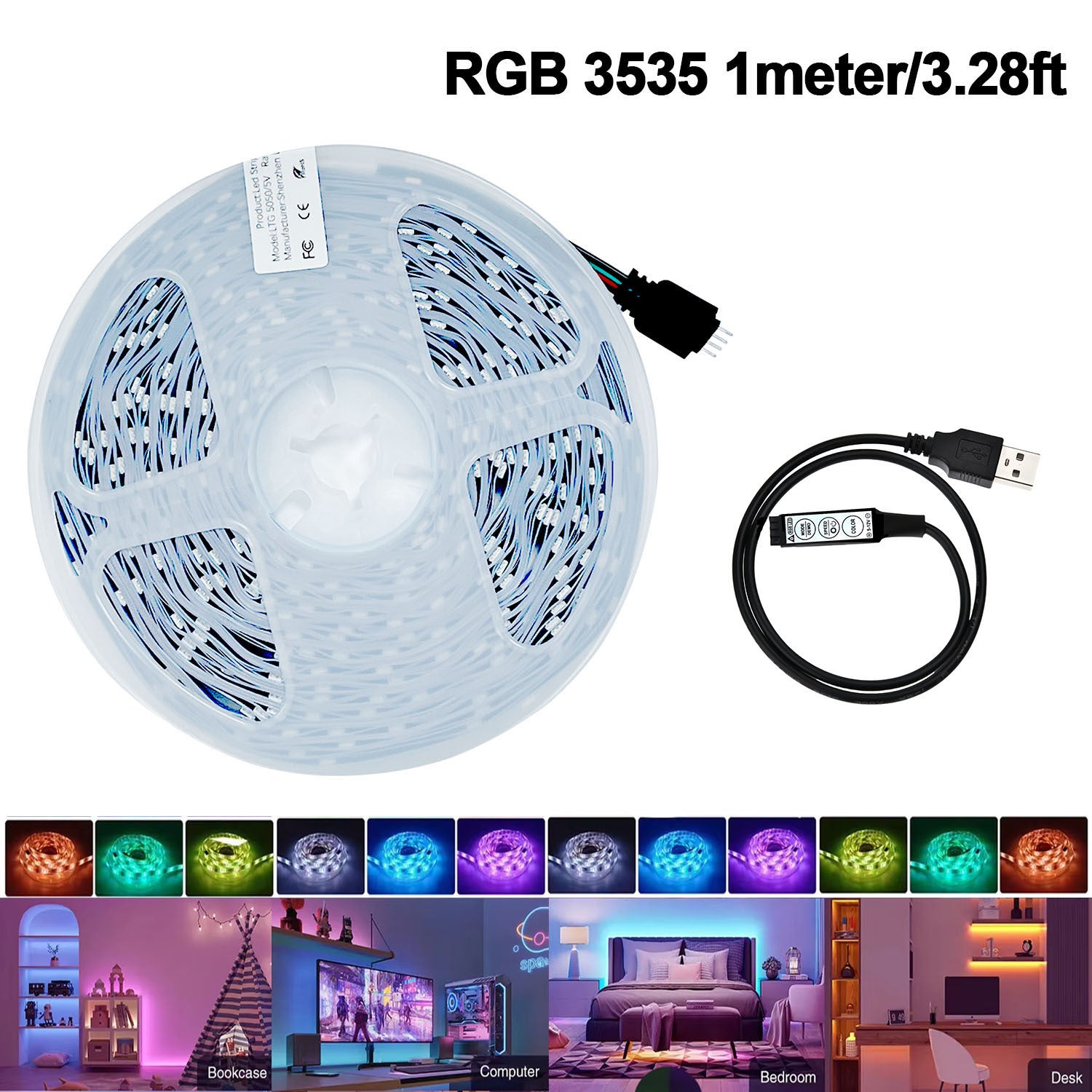 USB RGB LED灯带，配备三键遥控器，3535变色柔性灯带，可调亮度与多种模式，可裁剪式橱柜下照明灯，适用于客厅、舞蹈室及节日装饰