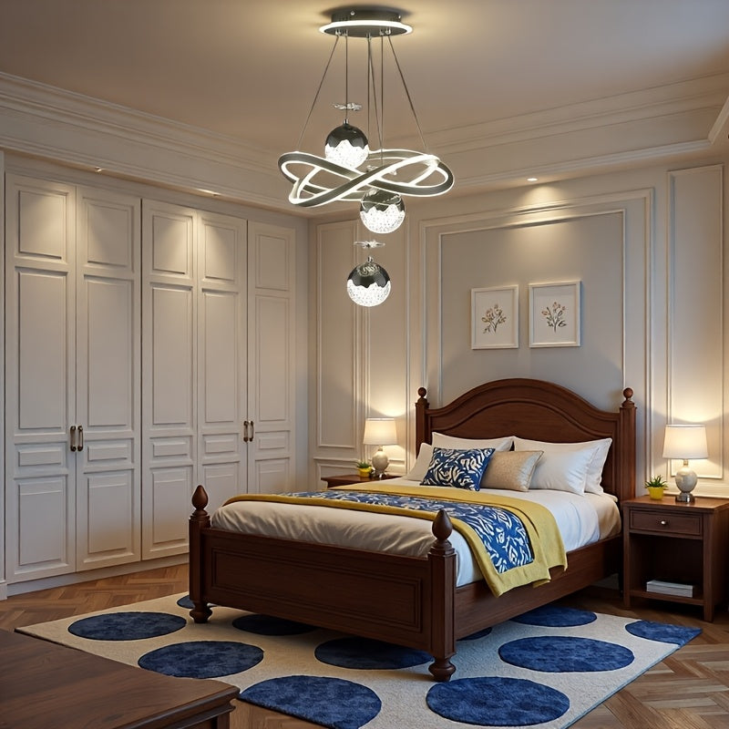 An LED pendant light with 3 spherical lamp heads and a surrounding light ring, featuring adjustable three color temperatures, adjustable height, and illuminated base; suitable for living room, dining room, bedroom, etc