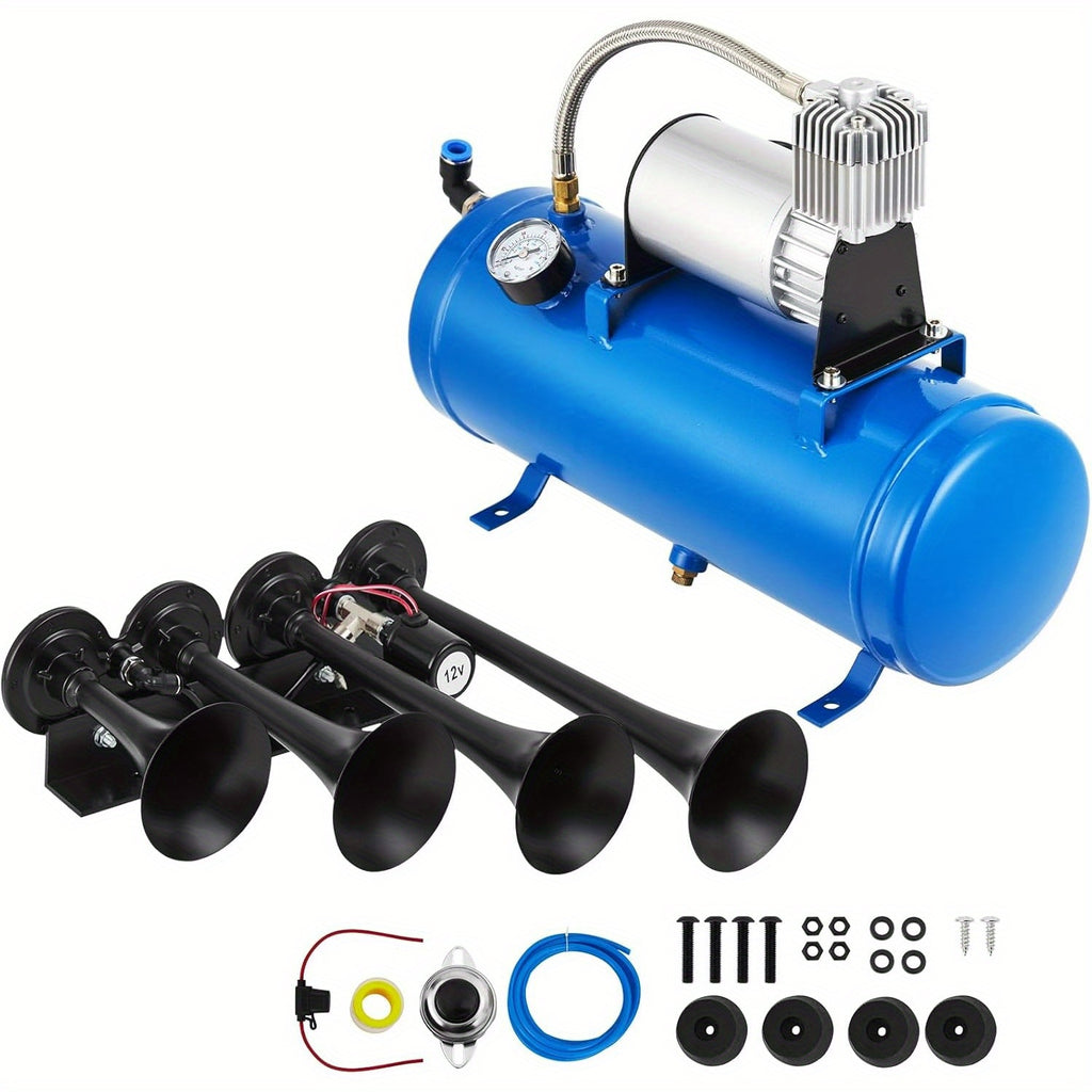 4-Horn Steel Train Horn Kit, 12V 135dB Truck Air Horn Kit with 1.6 Gallon Air Tank & 150 PSI Air Compressor, All-Weather Year-Round Use, Fits Pickup Trucks, Cars, Motorcycles, Semi-Trucks, Jeeps, RVs, SUVs, Vans, Boats, Blue
