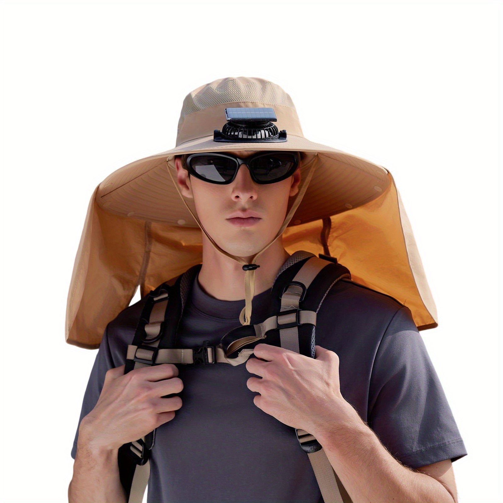 Men's Solar Cooling Hat - Wide Brim UPF Sun Protection Hat, Lightweight Beige/Orange Outdoor Travel Camping Hat with Lanyard, Hands-Free, Hiking Gear, Fashion Headwear, Comfortable Fit