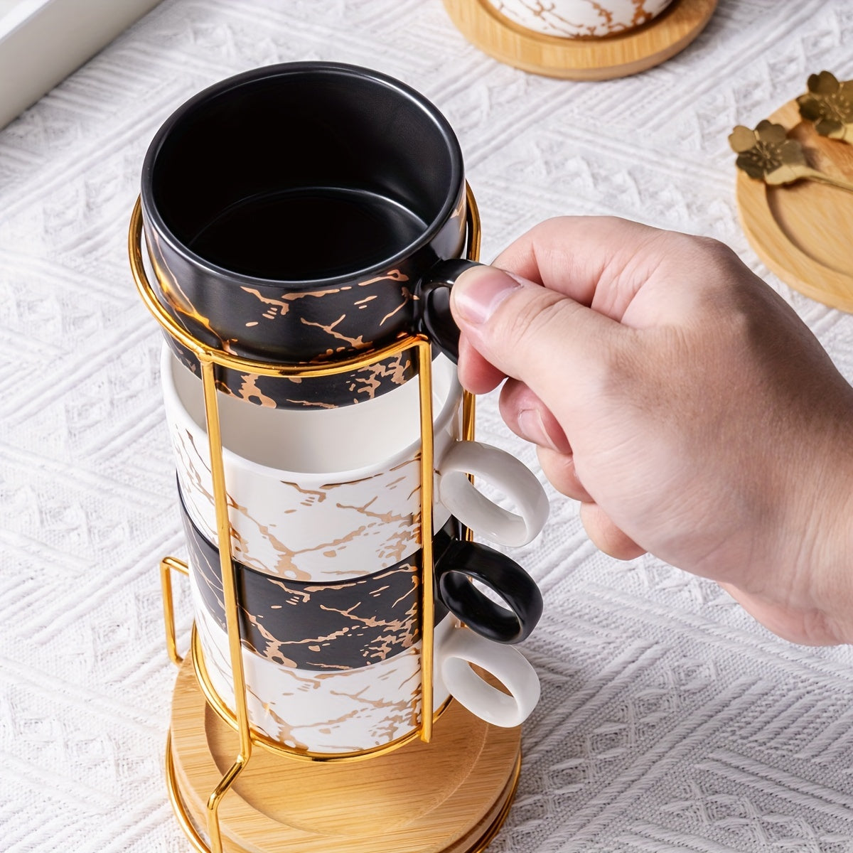 180ml Ceramic Coffee Cup Set, Black & White Four-Cup Marble Design with Saucers, Spoons & Gold Cup Stand