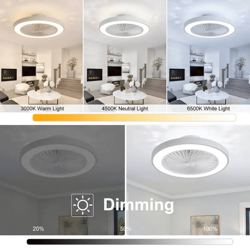 Modern Low Profile 19 Inch Ceiling Fan with Light, 6-Speed Dimmable LED Reversible Bladeless Fan Light, DC Silent Motor Flush Mount Ceiling Fan, Perfect for Bedroom and Kitchen