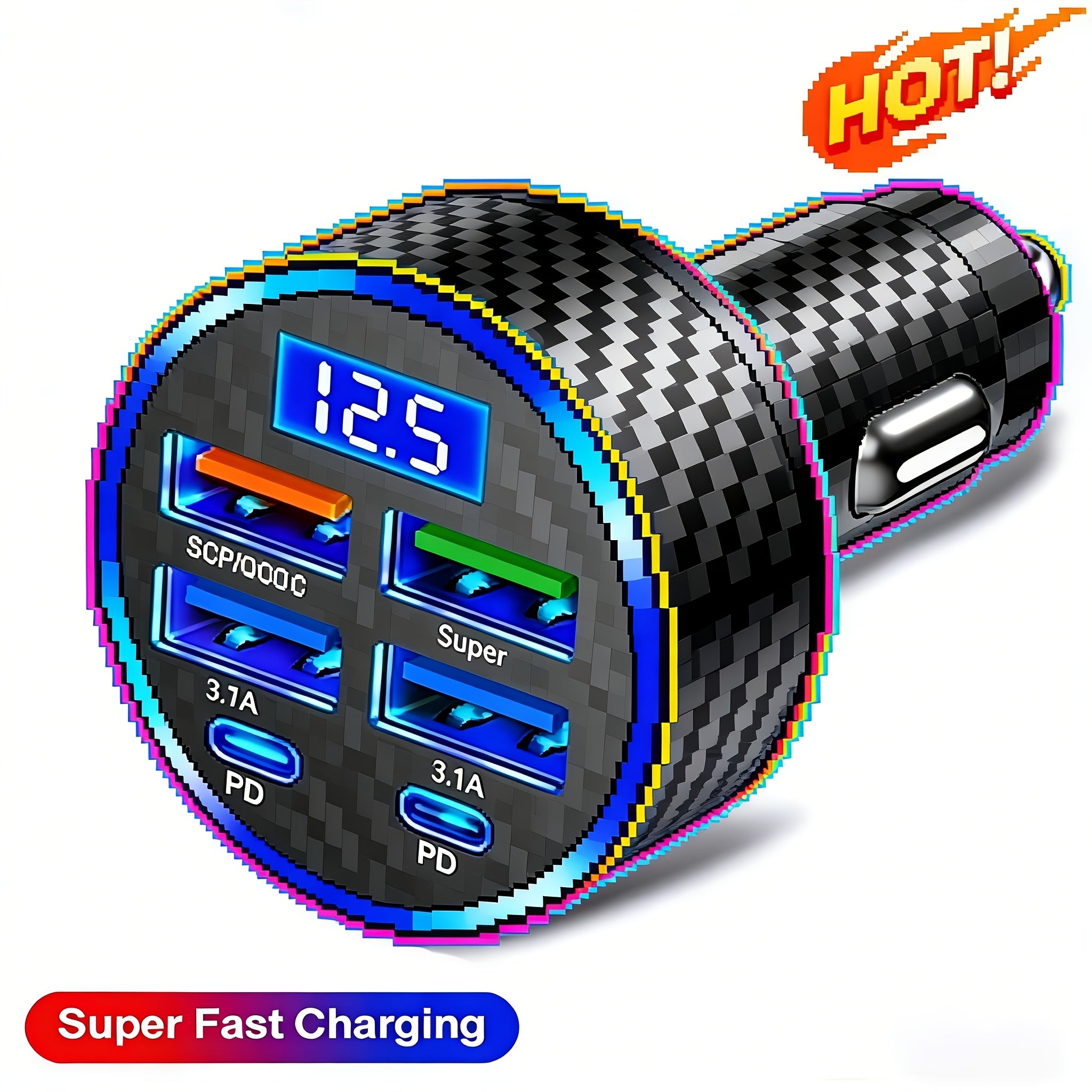 1pc 66W USB C Car Charger, 6-in-1 Fast Car Charger Adapter with 4 USB-A Ports & 2 Type-C Ports, Voltage Display, Multi-Port Power Adapter Compatible with iPhone Samsung Android Phones Tablets