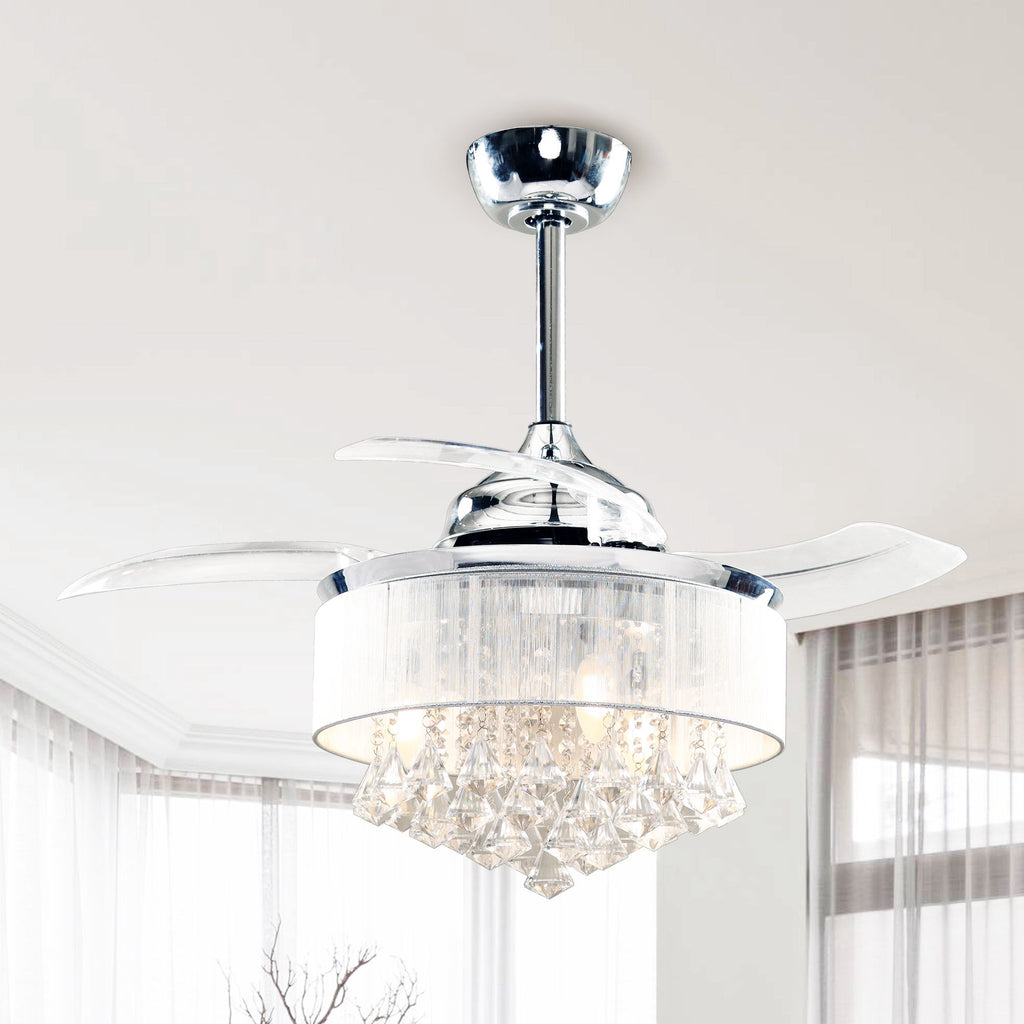 36 Inch Indoor Galvanized Downrod-Mount Retractable Crystal Ceiling Fan Chandelier with Remote & Lampshade