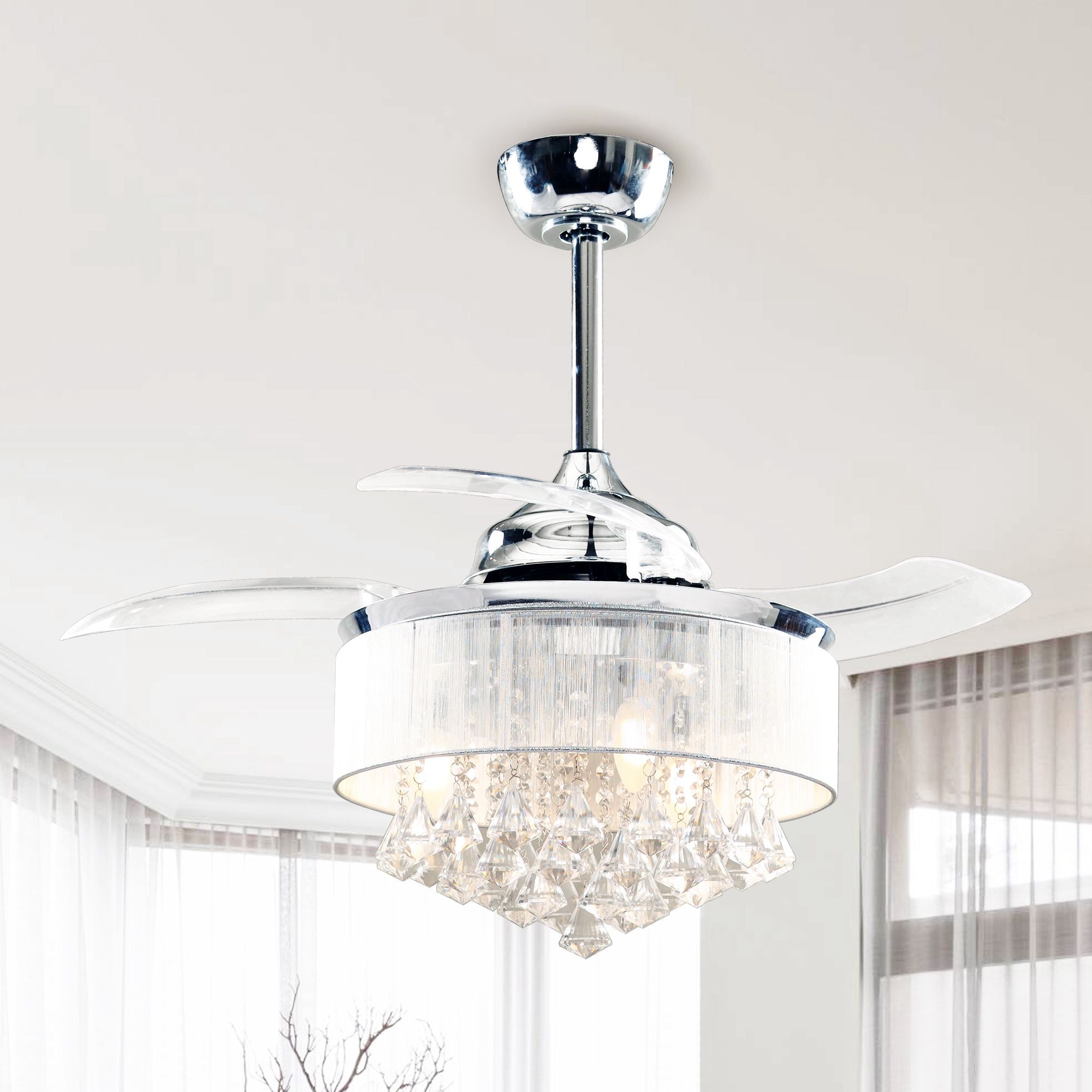 36 Inch Indoor Galvanized Downrod-Mount Retractable Crystal Ceiling Fan Chandelier with Remote & Lampshade