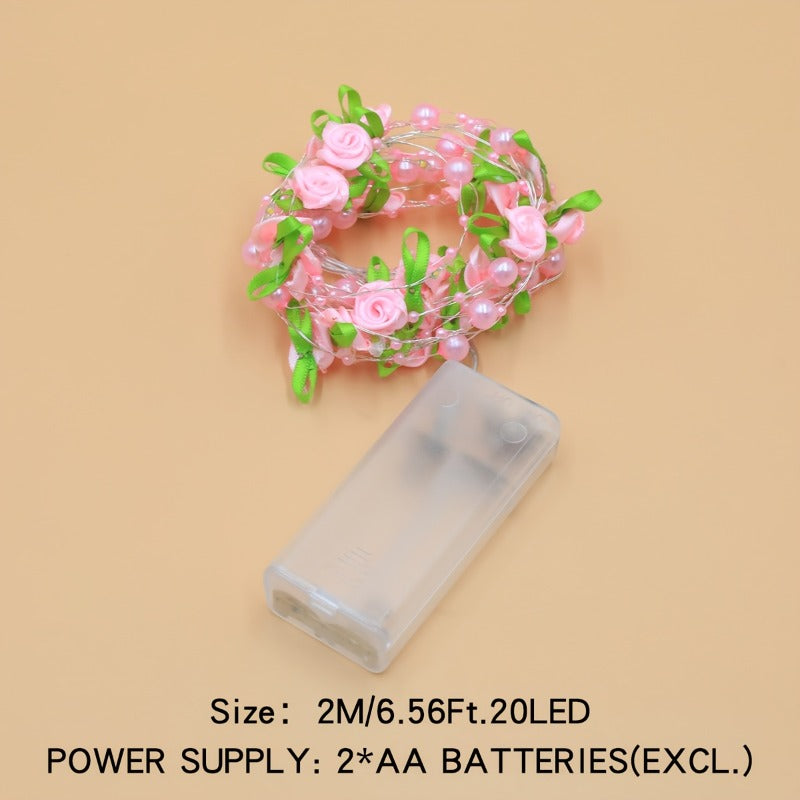 200cm/78.74英寸 LED 粉色珍珠造型灯串 | 粉色玫瑰设计搭配绿色叶子，非常适合情人节、办公室装饰、房间布置、派对、婚礼、礼物和毕业装饰 - 不含电池