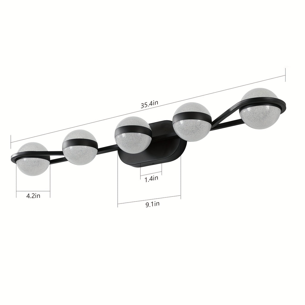 35.4-Inch 5-Light Bathroom Vanity Light, Elegant Bathroom Wall Light, Modern Minimalist Bathroom Vanity Light, with LED Light and Frosted Acrylic Shade, Wall-Mounted Decorative Lighting, Suitable for Bathroom, Living Room, Bedroom (Black)