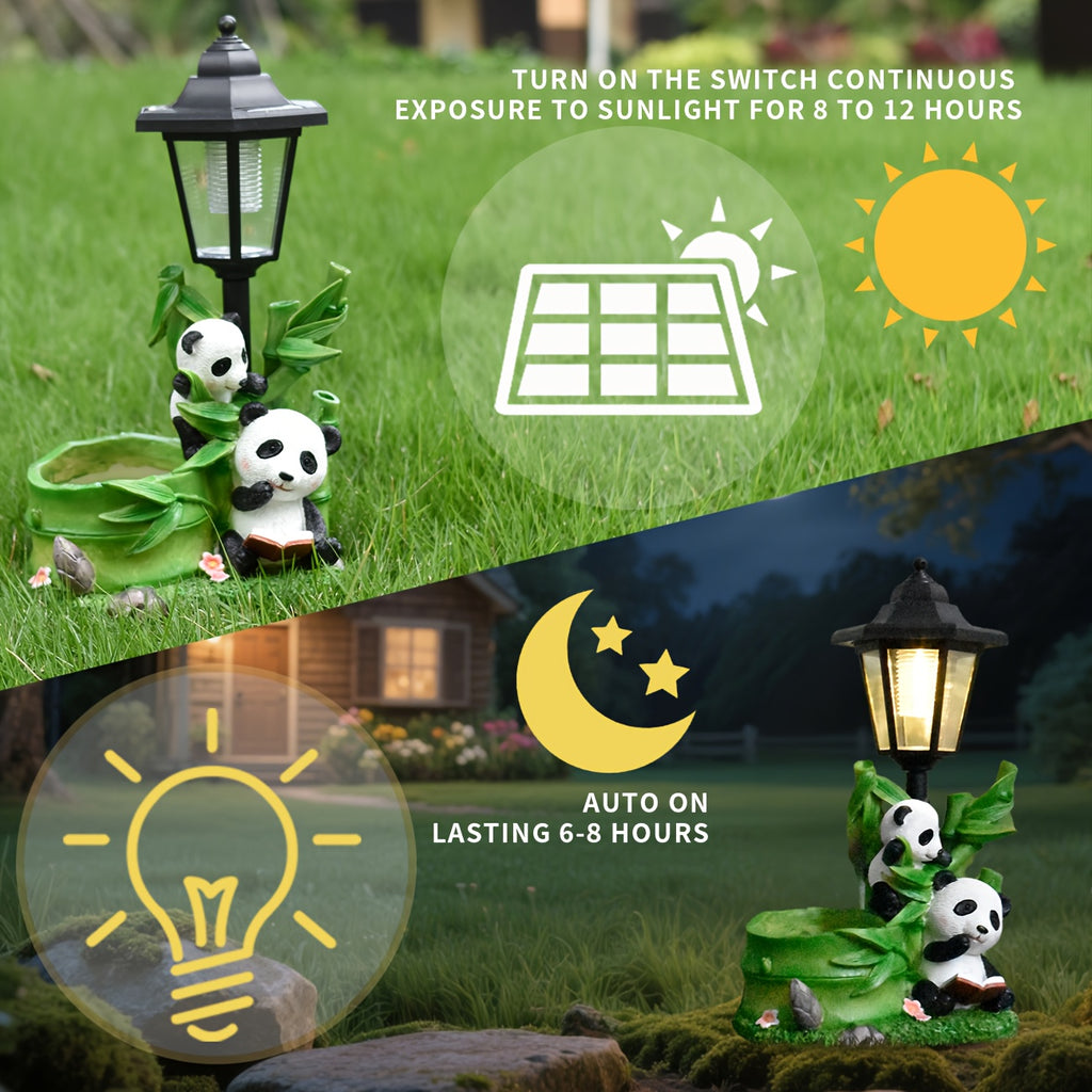 One-Piece Courtyard Creative Chinese Panda Outdoor Solar Light Statue Decoration, Animal Sculpture and Flower Pot Dual-Use, Multi-Functional Villa Night View Lighting, Balcony Living Room Garden Home Decorative Light, Friend Gift