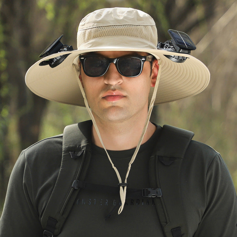 Solar Fan Sun Hat, Rechargeable with Charging Port, Summer Outdoor Wide Brim Bucket Hat, Adjustable Chin Strap, Breathable Mesh, Perfect for Outdoor Sports and Beach Activities