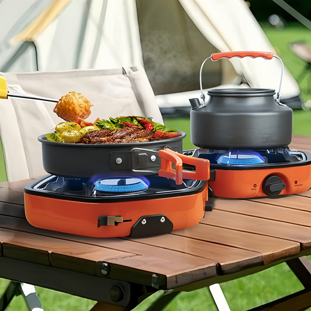 Portable Folding Camping Stove, Dual Burners That Work Simultaneously, Carbon Steel Housing, Built-in Ignition and Flame Control, Ideal for Outdoor Camping, Hiking, Adventure, and More