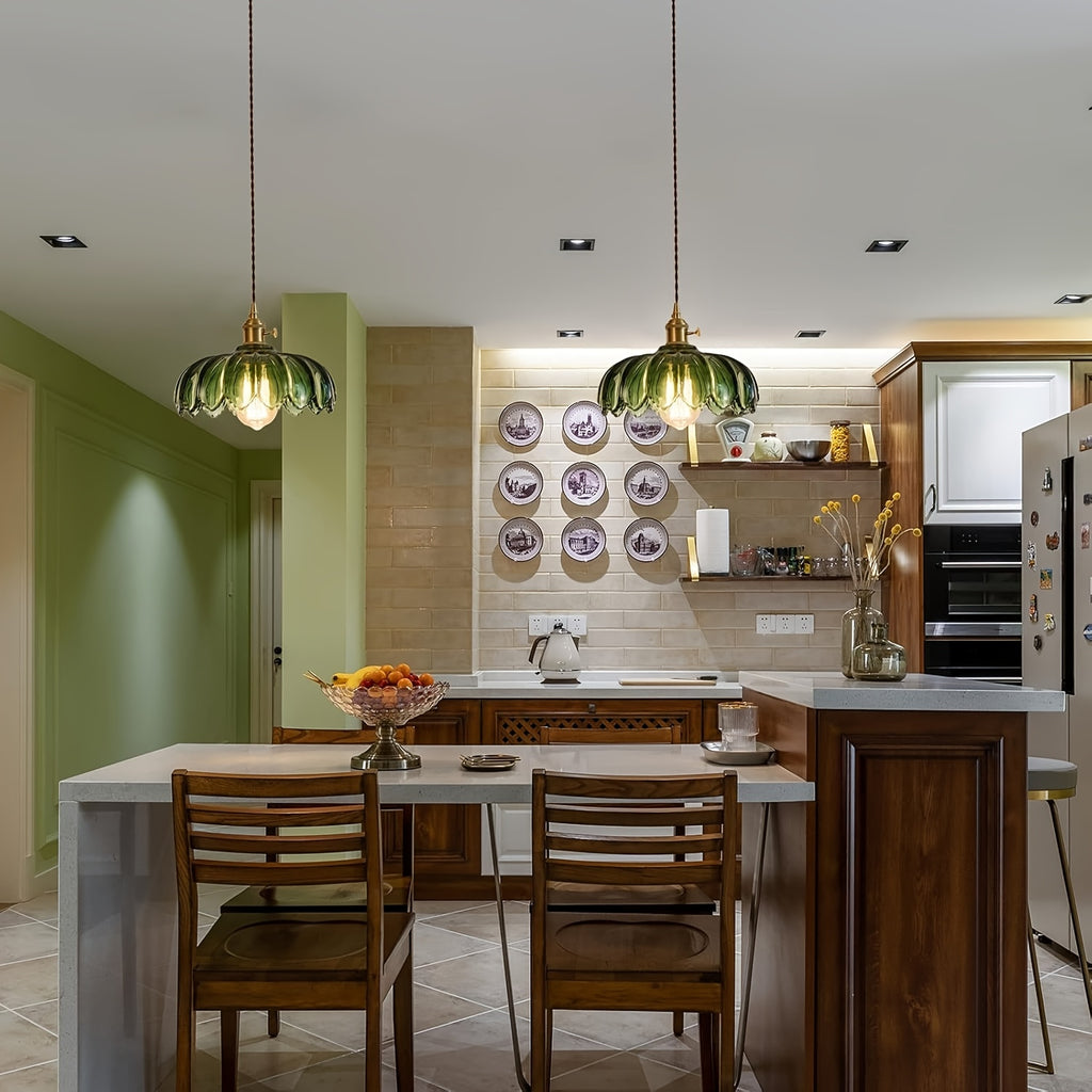 Green Glass Pendant Light with US Plug, Exquisite Handmade Craftsmanship, Unique Color, E26 Base, Suitable for Kitchen Island, Bedroom, Dining Room, Living Room