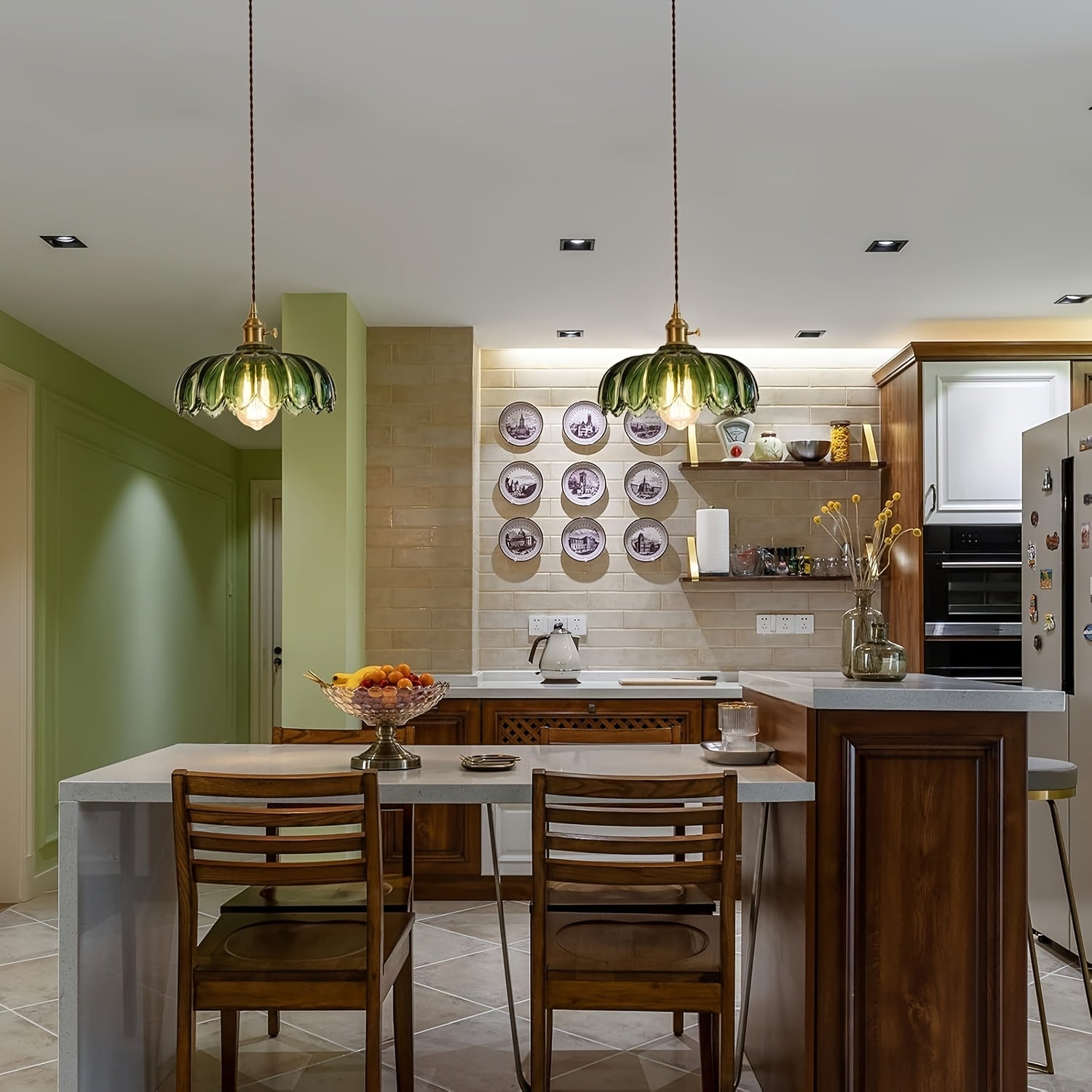 Green Glass Pendant Light with US Plug, Exquisite Handmade Craftsmanship, Unique Color, E26 Base, Suitable for Kitchen Island, Bedroom, Dining Room, Living Room