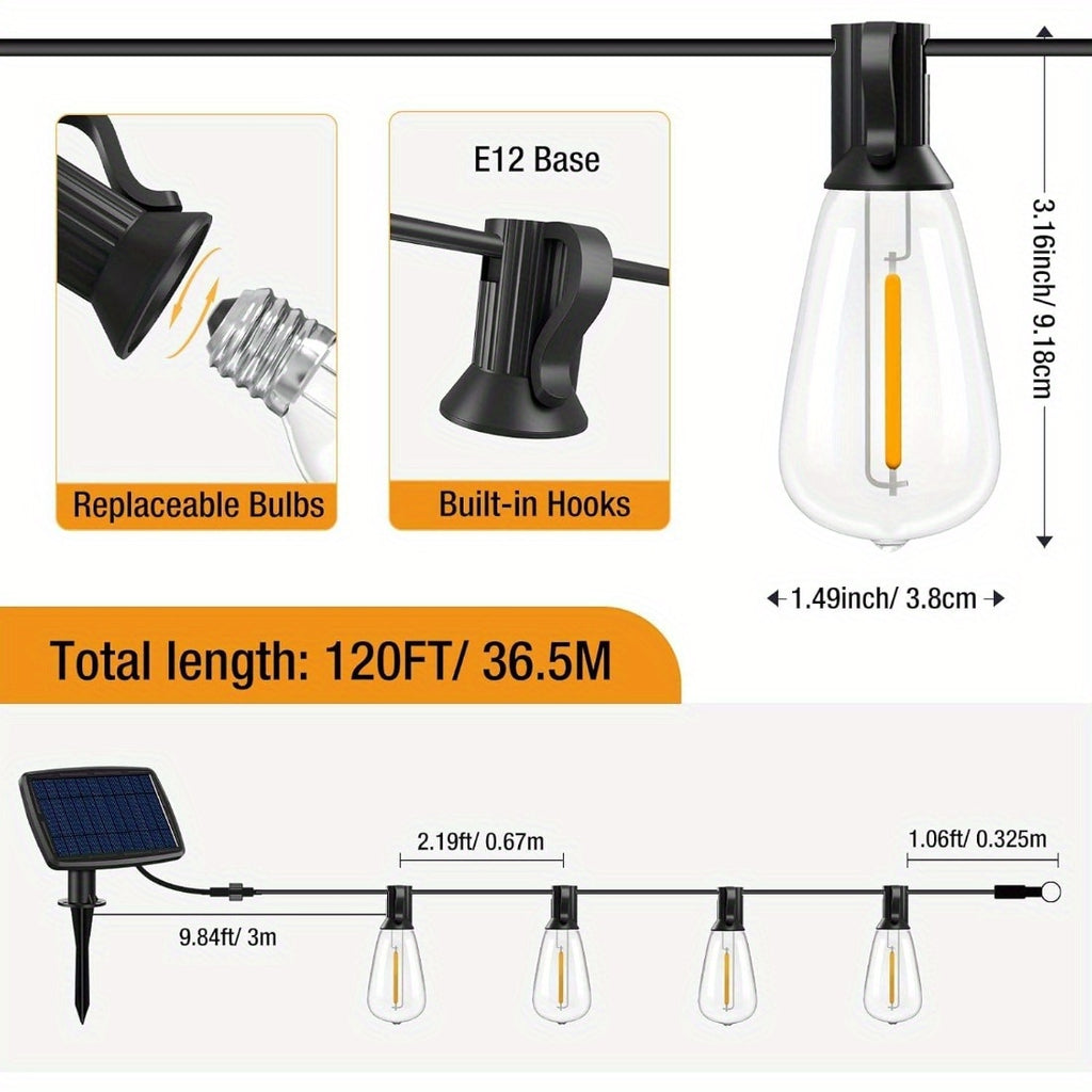120英尺太阳能串灯户外 - 50+3LED ST38庭院灯太阳能供电防碎，5种灯光模式太阳能灯户外，防水悬挂灯适用于阳台后院花园派对装饰