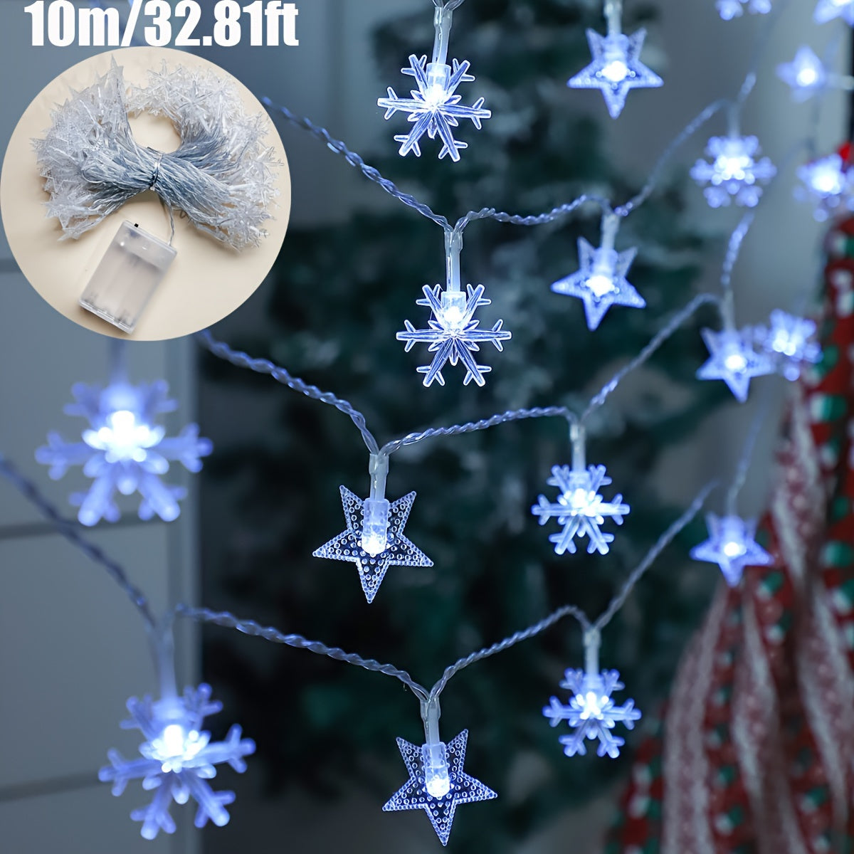1件 59.06/118.11/236.22/393.7英寸圣诞装饰雪花星星灯串，电池供电，圣诞室内房间墙面装饰星星灯串，圣诞派对装饰雪花灯，圣诞树装饰灯串，圣诞装饰灯，圣诞树室内灯，圣诞家居室内装饰，圣诞树装饰，节日装饰，节日灯饰，雪花设计