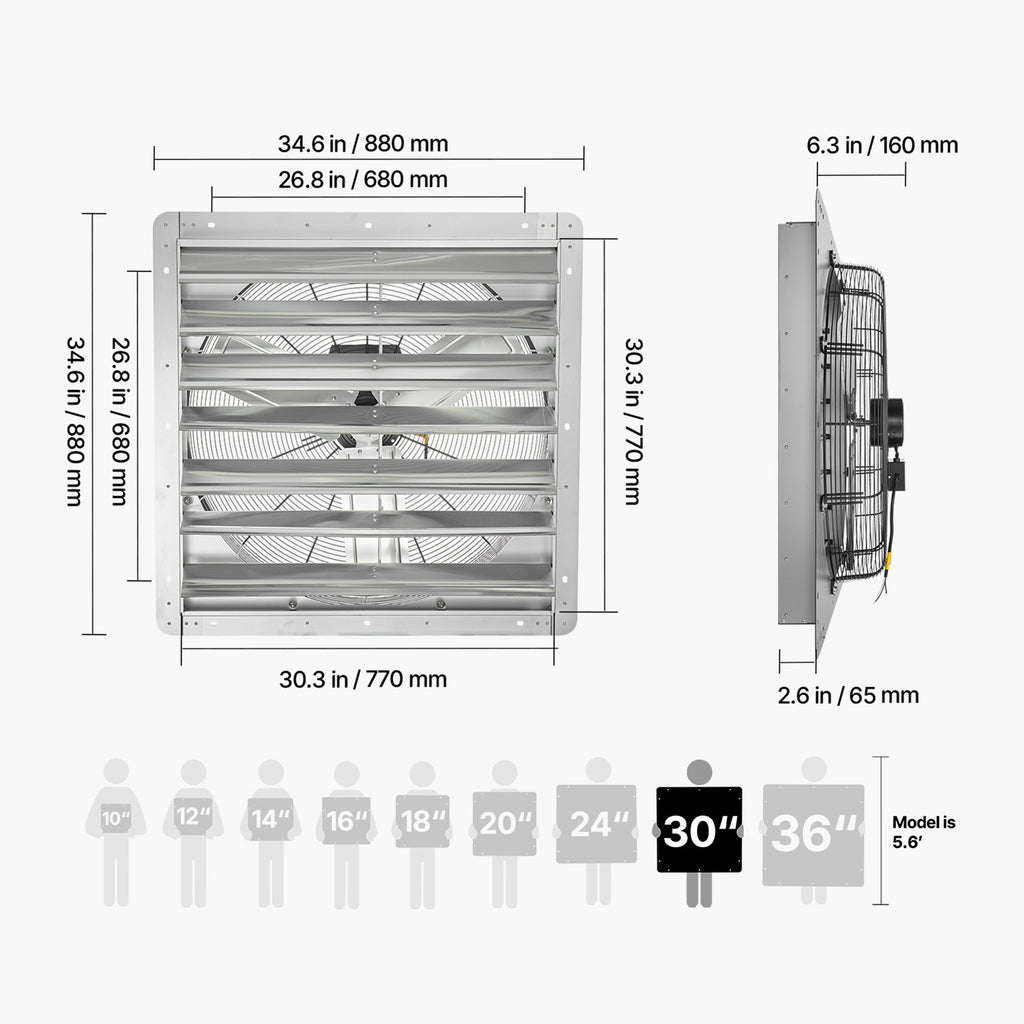 VEVOR 30"/36" Shutter Exhaust Fan, Wall-Mounted Attic Vent Fan, AC Motor, Heavy-Duty Steel Construction, Low Noise, for Shed, Garage, Greenhouse Ventilation & Cooling, Silver