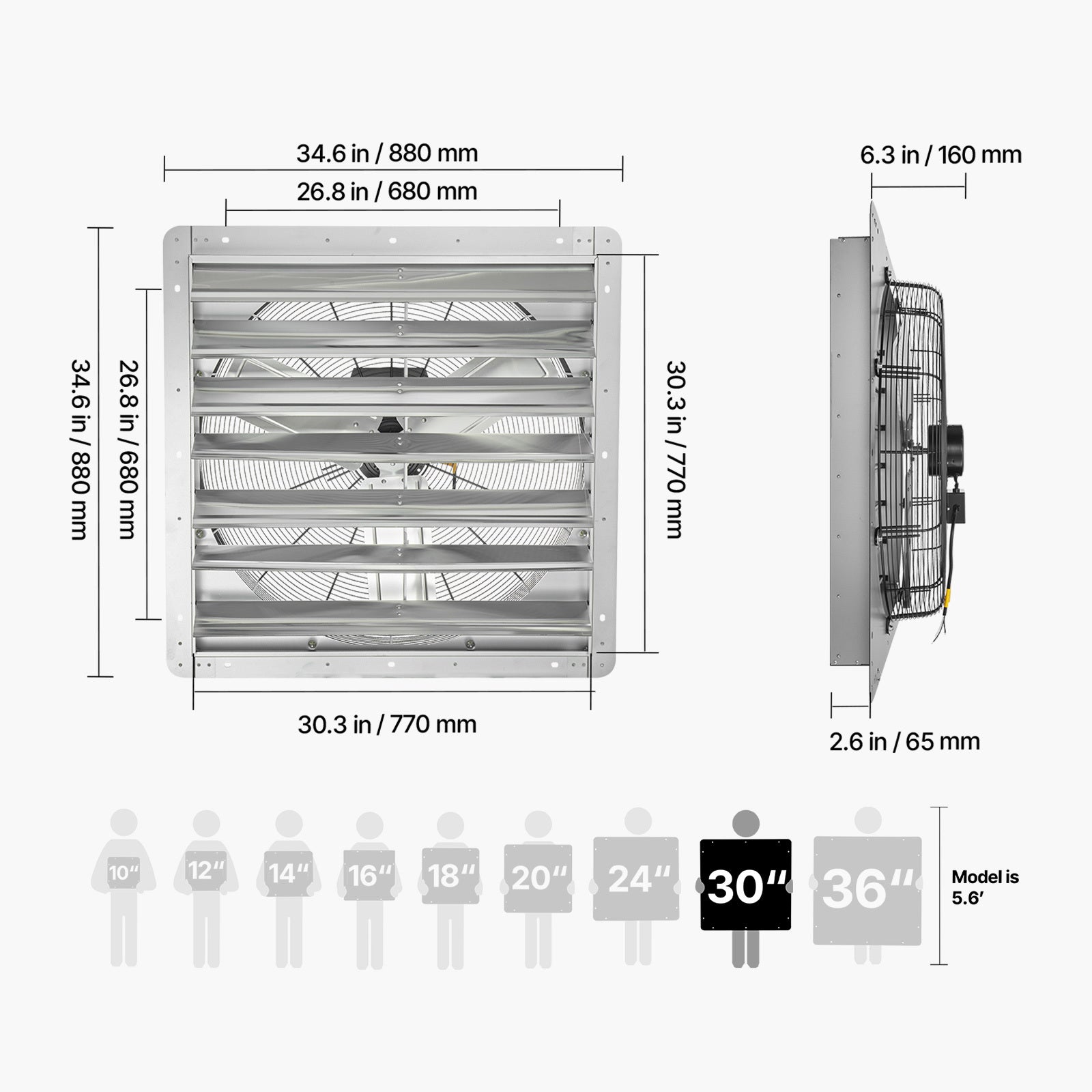 VEVOR 30"/36" Shutter Exhaust Fan, Wall-Mounted Attic Vent Fan, AC Motor, Heavy-Duty Steel Construction, Low Noise, for Shed, Garage, Greenhouse Ventilation & Cooling, Silver