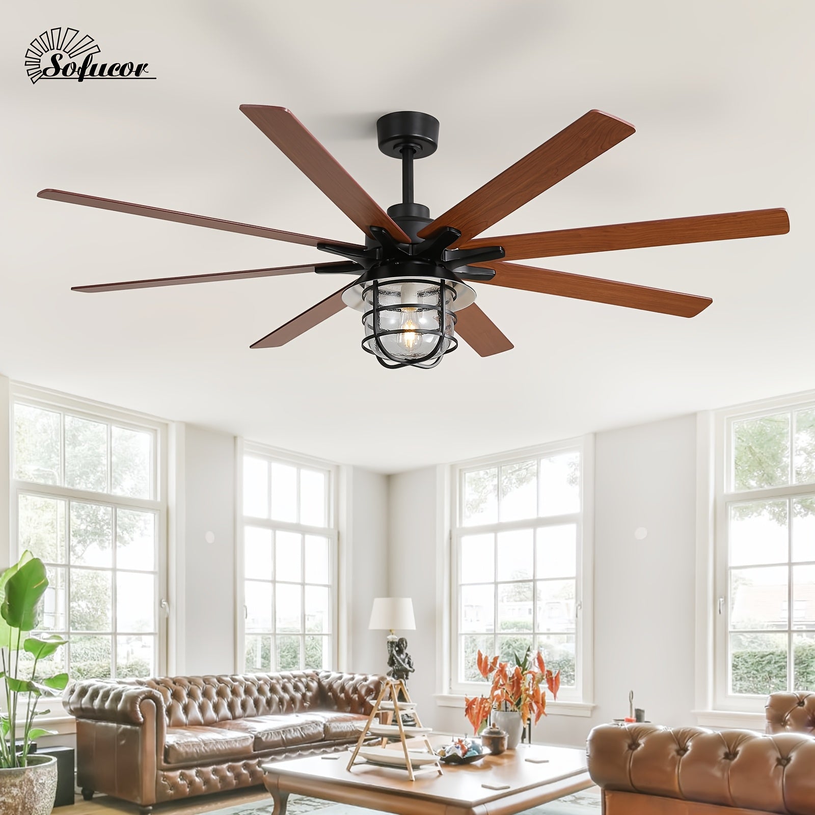 Sofucor 66 Inch Large Ceiling Fan with Light, 8 Blades Ceiling Fan with E26 Bulb & Remote Control, Ideal for Living Room & Dining Room, Ceiling Fan with Light