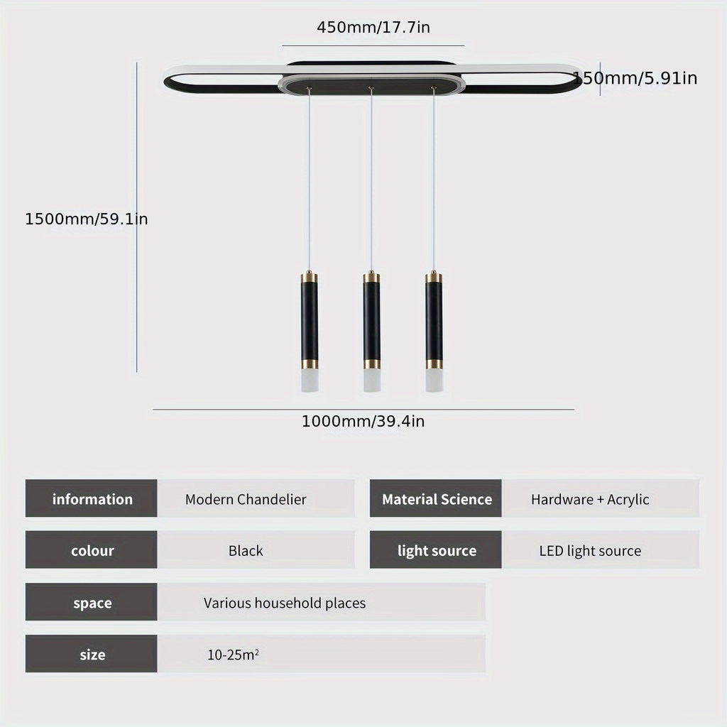 Qcyuui modern LED pendant light, adjustable acrylic 3-light modern pendant light, with remote control, indoor dining room lighting fixture, suitable for kitchen island, living room, dining room, office (black)