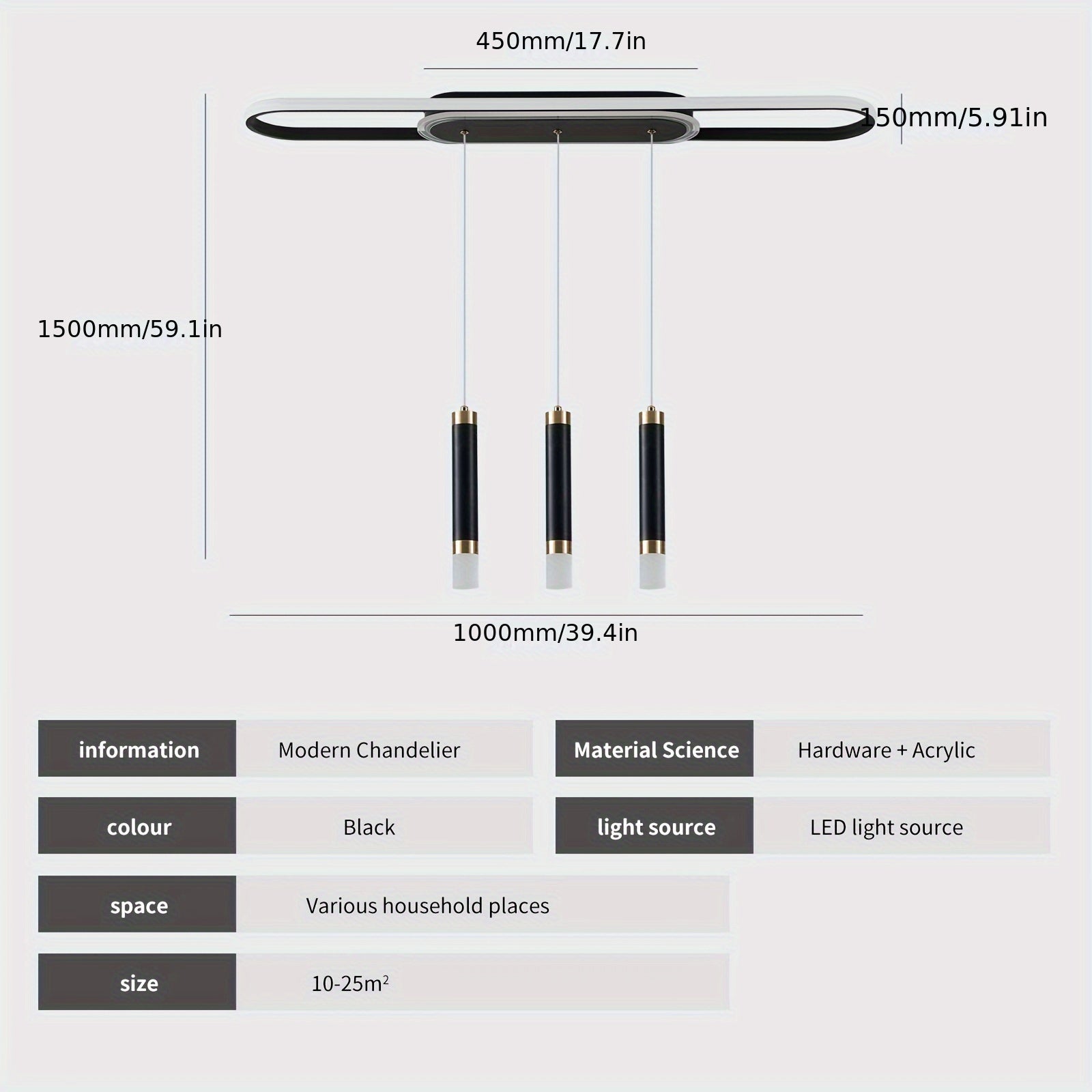 Qcyuui modern LED pendant light, adjustable acrylic 3-light modern pendant light, with remote control, indoor dining room lighting fixture, suitable for kitchen island, living room, dining room, office (black)