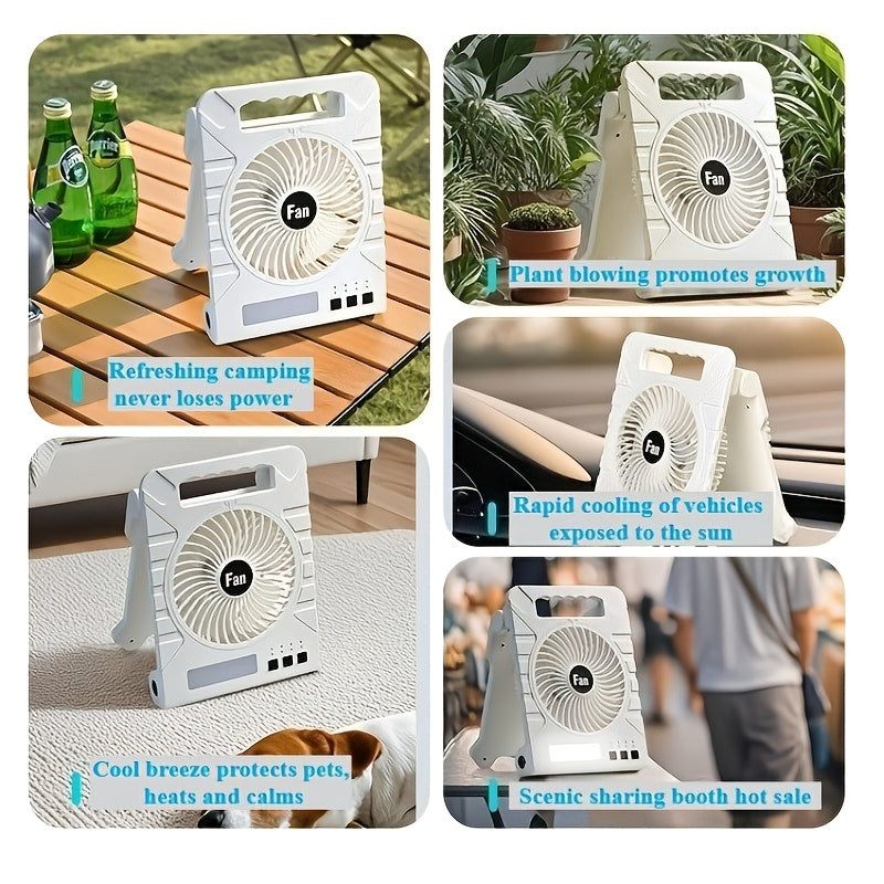 Portable Solar Fan Light for RV, Power Bank with LED Lighting, Type-C + Solar Charging Lithium Battery Fan, Outdoor Camping Fan for RV