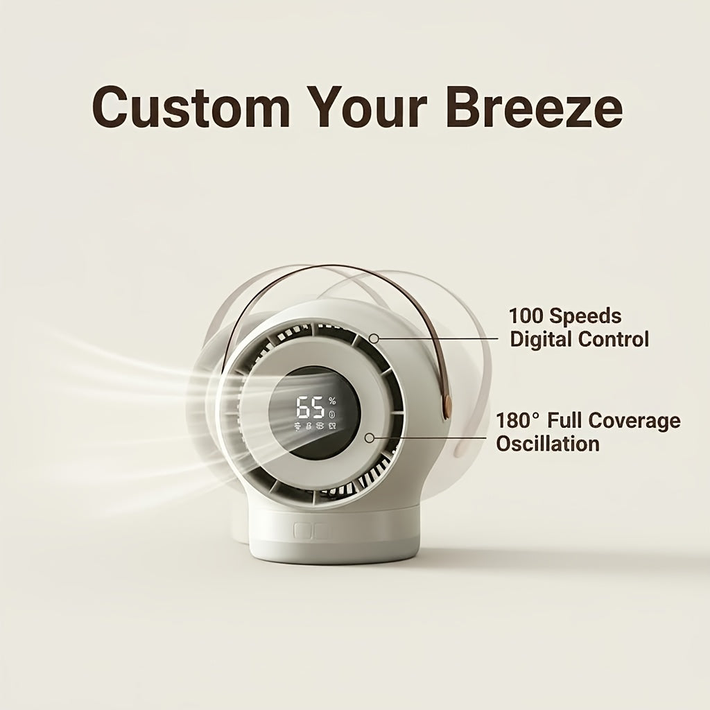 Portable Mobile Desk Fan, 100-Speed Digital Display Precise Control, 180° Smart Oscillating Air Supply, Leather Handle, Compatible with Diverse Home Styles/