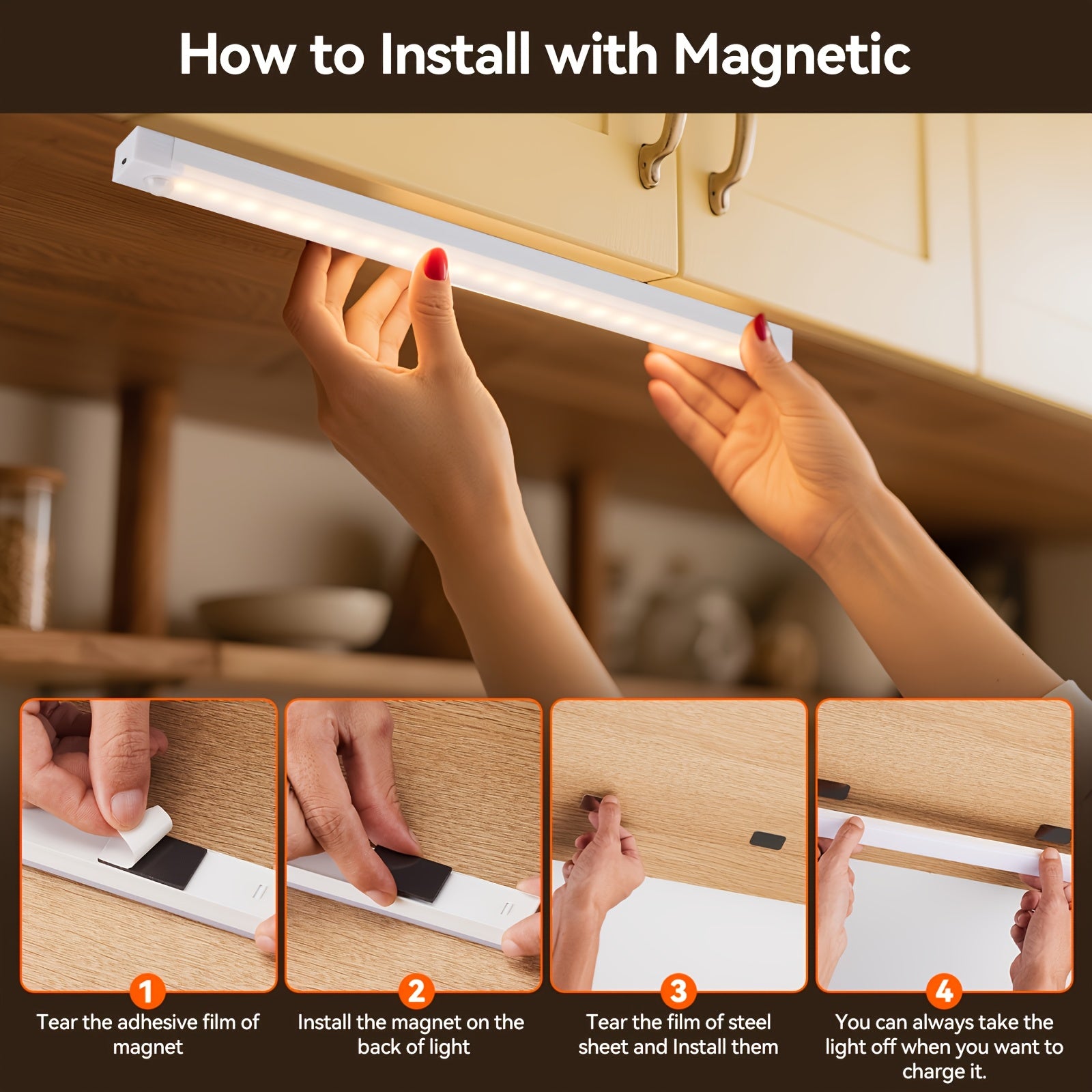8-pack smart motion sensor LED light, household lighting LED tube, USB rechargeable + magnetic design, commonly used for cabinets, wardrobes, bookshelves, vanity tables, wireless, DIY night light. Bookshelf lighting