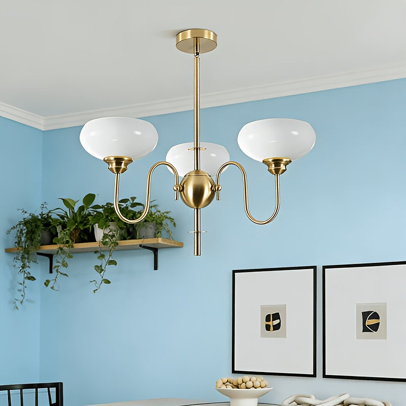 Elegant Gold Three-Light Pendant Light, Mid-Century Modern Chandelier with Opal Glass Shade, Adjustable Hanging Ceiling Light, Suitable for Dining Table and Living Room