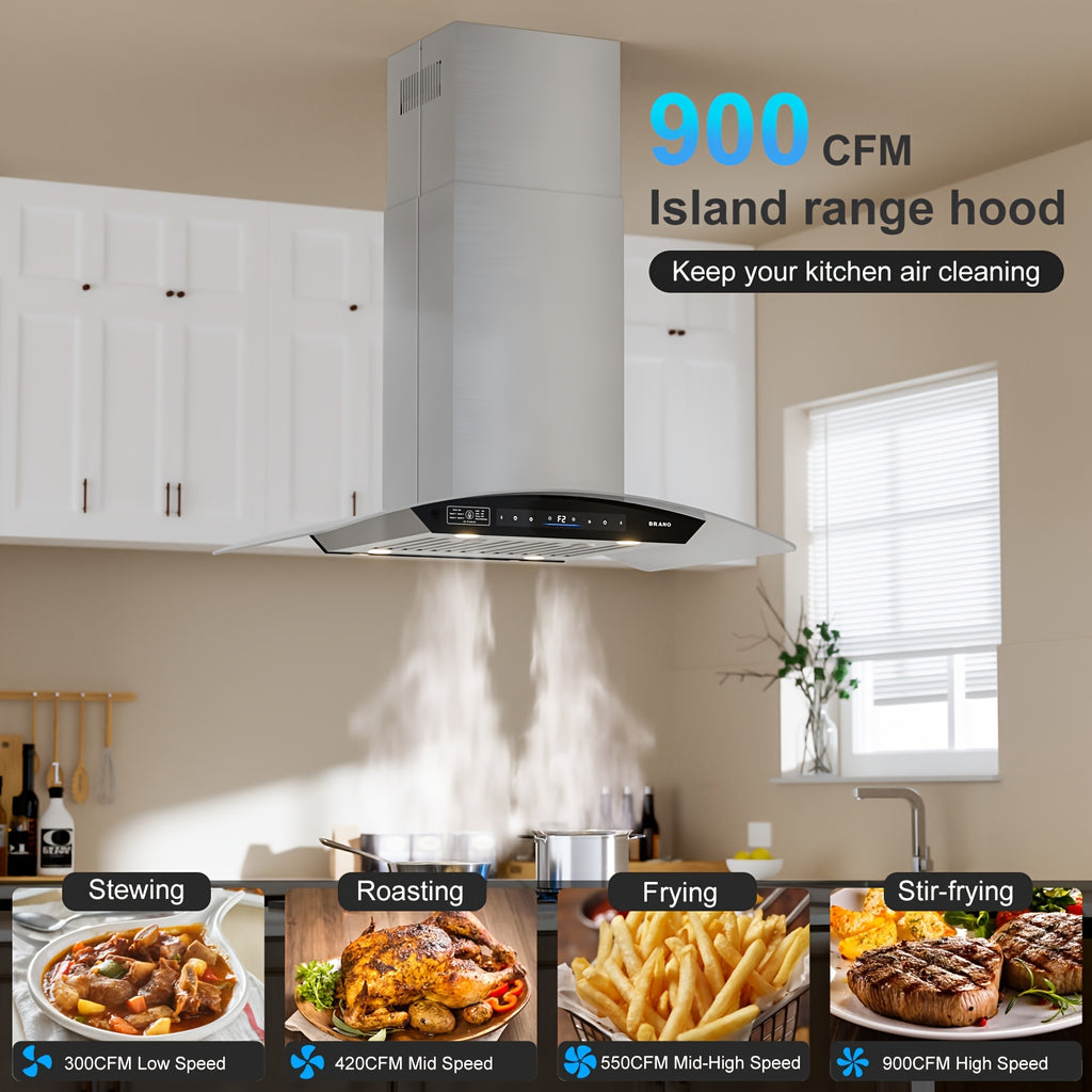 36-Inch Island Range Hood, 900CFM Voice/Gesture/Touch Control Ceiling Exhaust Hood, 4-Speed Fan, 4 LED Lights, Memory Mode, Convertible Ducted/Ductless with 2 Charcoal Filters