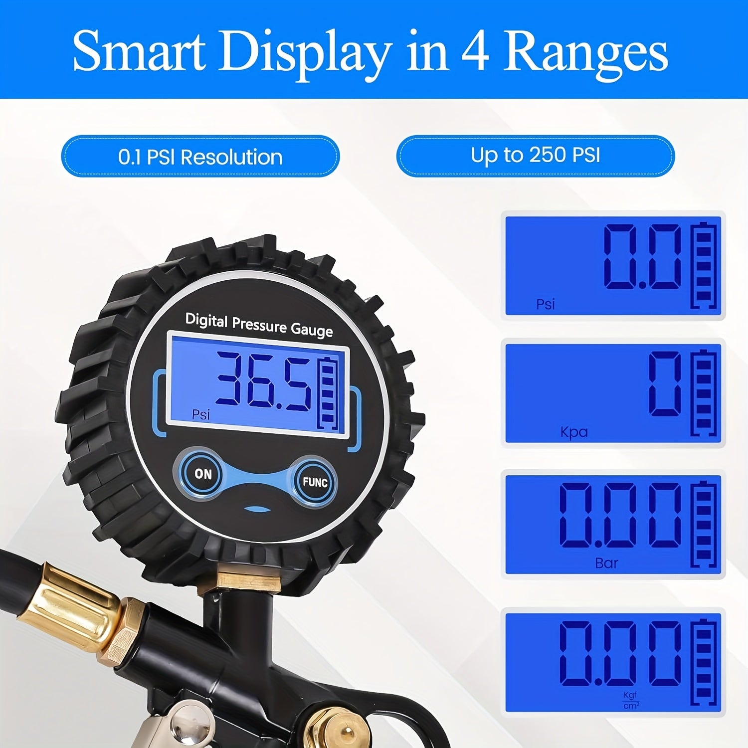 Digital Tire Pressure Gauge, 250 PSI (Heavy Duty with Quick Connect Coupler), 0.1 Display Resolution, Air Compressor Accessory, Tire Inflator Gauge, Auto Accessory for Cars, SUVs, Buses, Trucks, Bicycles & Motorcycles