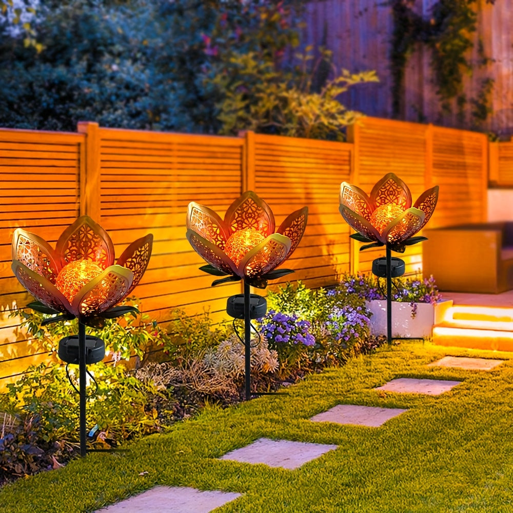 2/3-Piece Solar Hollow Sunflower Lawn Light - IP44 Splash-Proof Waterproof, with Cracked Glass and Metal Flower Design, Suitable for Garden, Courtyard and Walkway Decoration, Solar Garden Light, Valentine's Day / Easter Decoration / Gift