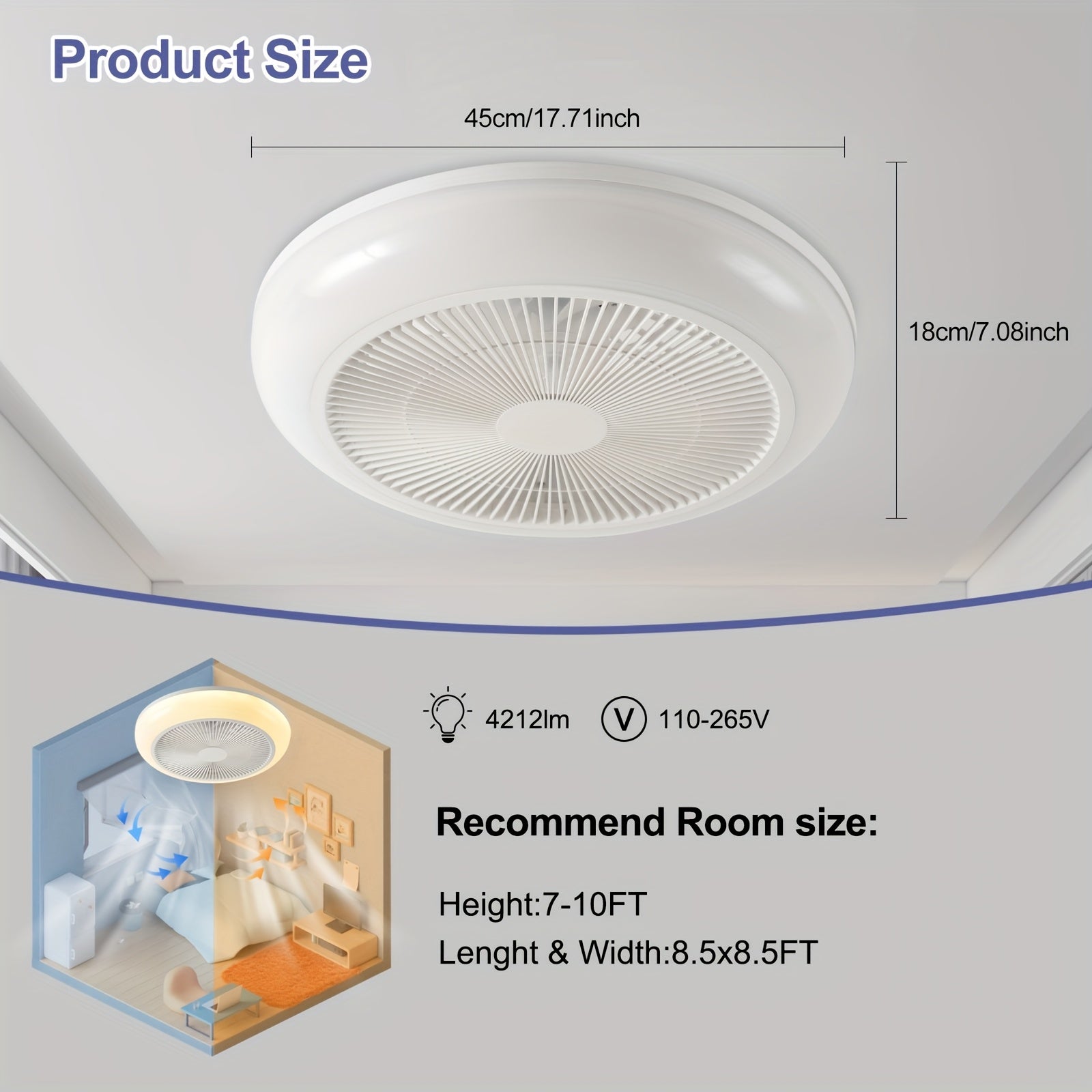 Low Profile Bladeless Ceiling Fan with LED Light Kit, Recessed Mount with Remote Control and Timer Function, 3000K-6000K Adjustable Color Temperature