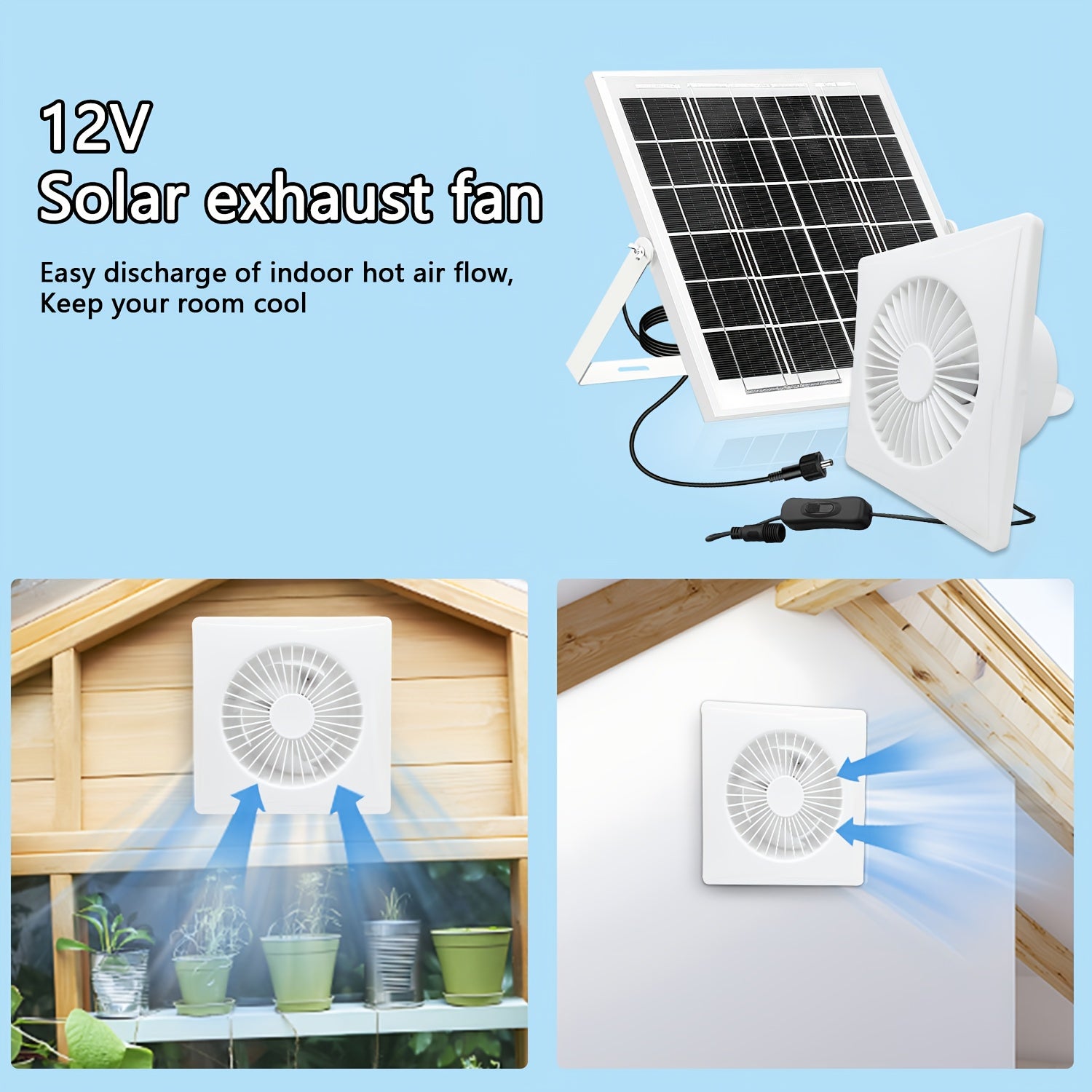 White Solar Exhaust Fan - Equipped with 6W/8W/17W Solar Panel and White High-Speed Exhaust Fan, Keeps Air Circulated and Space Cool, Ideal for Home, Greenhouse, Chicken Coop, Shed and Pet House