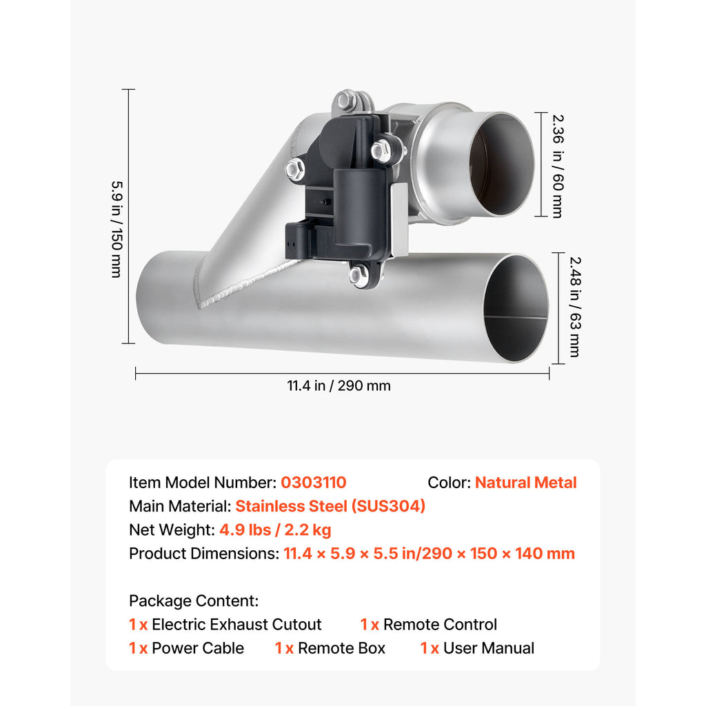 VEVOR Electric Exhaust Cutout, 2.5 Inch Universal Stainless Steel Exhaust Valve Kit with One Controller Remote Control Kit, Cutout Valve, Y-Pipe, Remote and Box, Suitable for Trucks, Sedans, Sports Cars, SUVs