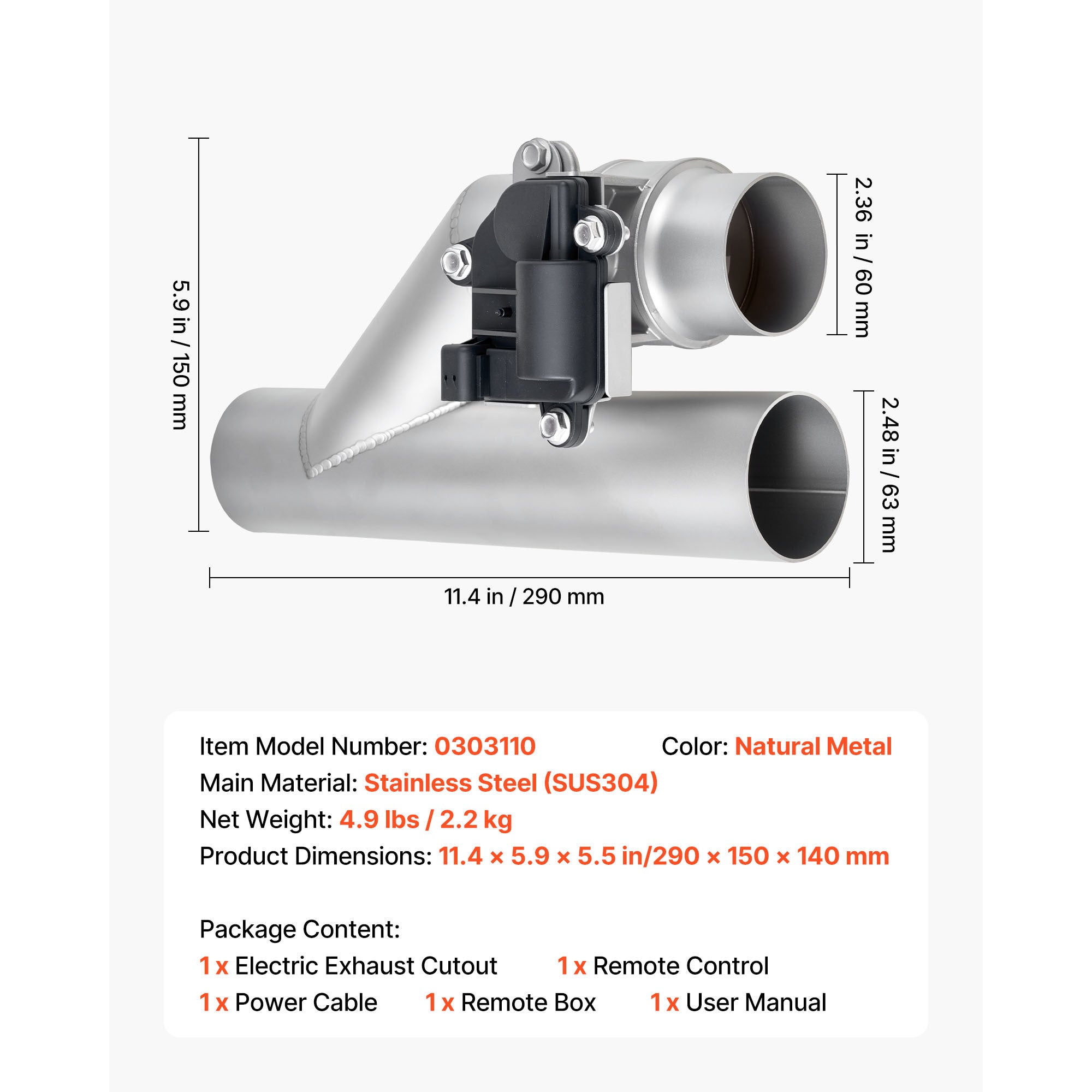 VEVOR Electric Exhaust Cutout, 2.5 Inch Universal Stainless Steel Exhaust Valve Kit with One Controller Remote Control Kit, Cutout Valve, Y-Pipe, Remote and Box, Suitable for Trucks, Sedans, Sports Cars, SUVs