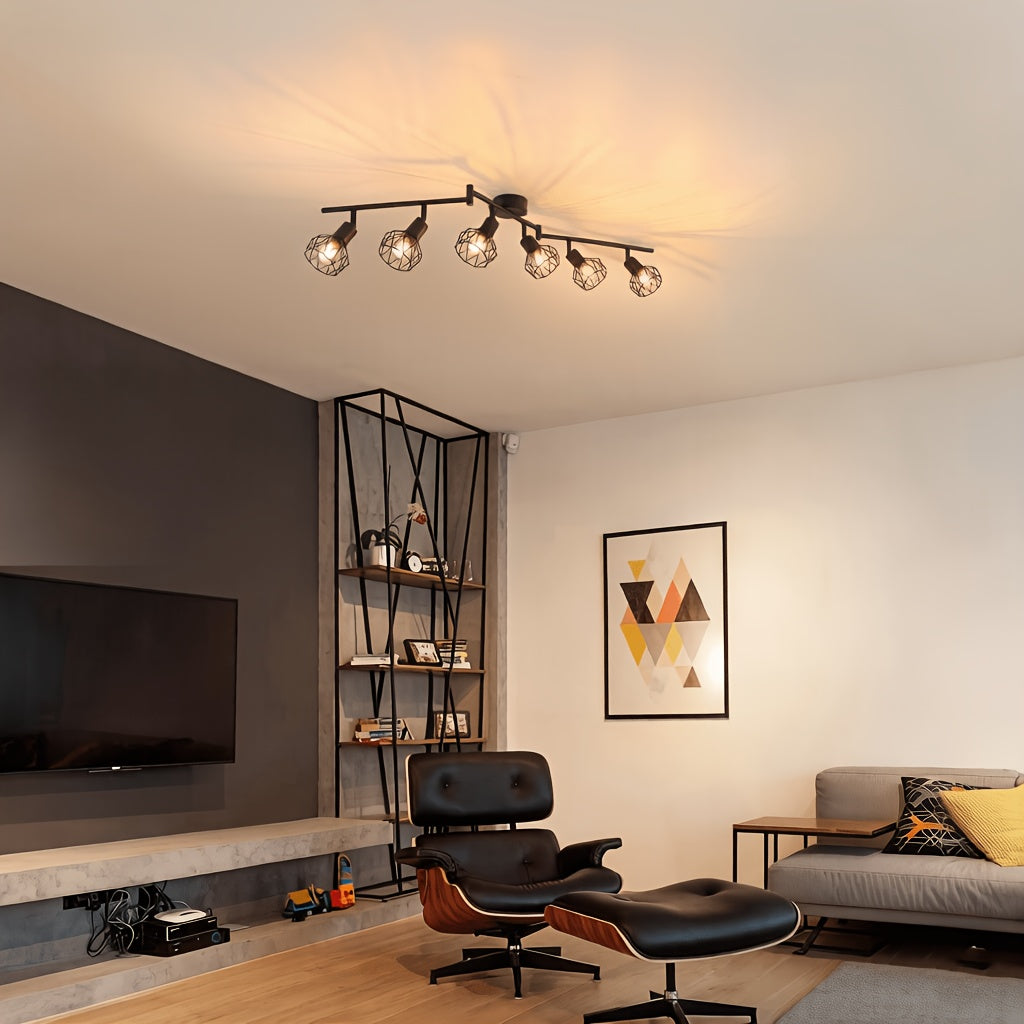 LED Ceiling Spot Light 6 Heads - Ceiling Light Spot E14 Swivel - Black 6-Head Ceiling Spot Light - Vintage Light for Living Room, Kitchen, Bedroom, Bulbs Not Included, Ideal Christmas Gift and Office/Hotel Decoration