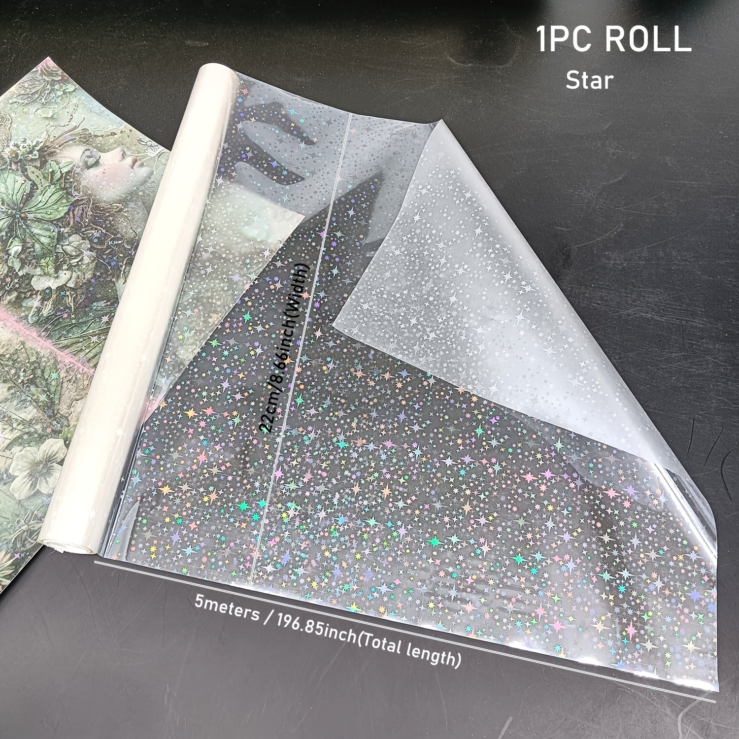 1卷BOPP全息预涂膜，0.98Mil厚，8.66英寸 × 196.85英寸 - 4种款式闪光全息覆膜膜，防刮，非常适合剪贴簿和办公使用