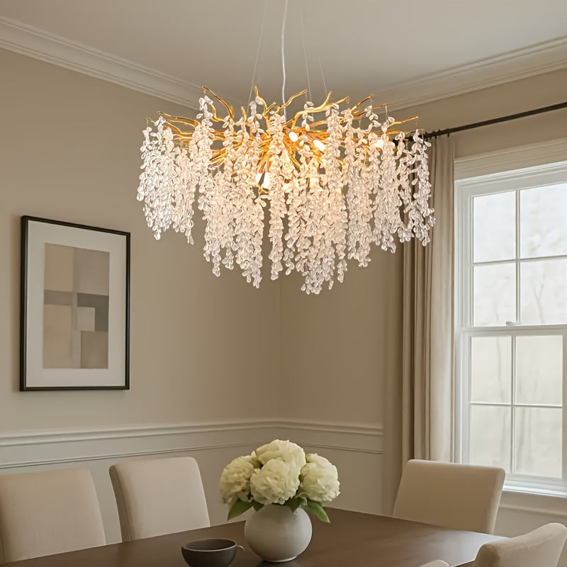 1 piece modern branch-shaped round crystal chandelier, gold handcrafted aluminum branch design, semi-flush mount installation, compatible with G9 bulbs (bulbs not included), suitable for dining room, living room, bedroom, villa