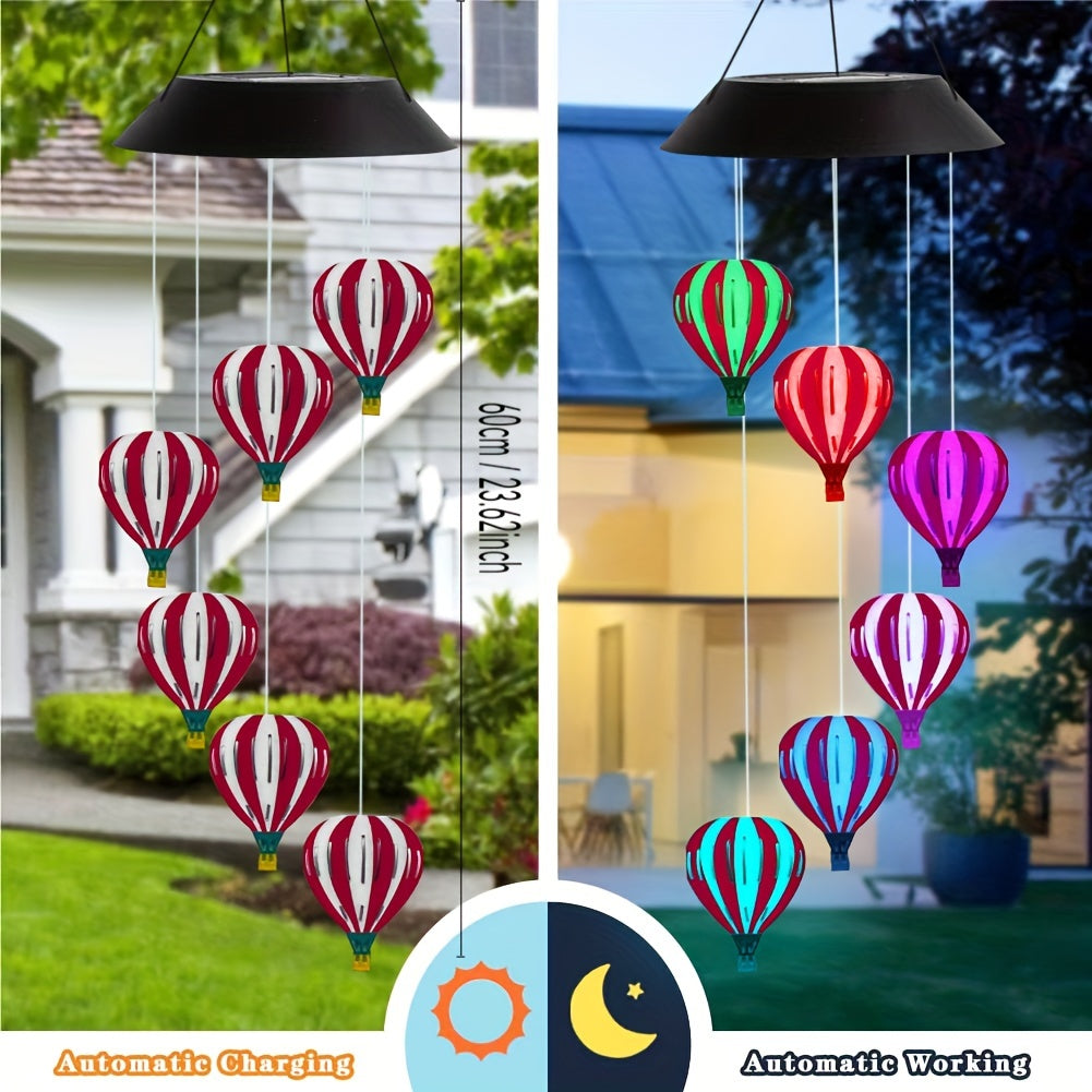 A Set of Solar Hot Air Balloon Wind Chime Light, Wrought Iron Material, Colorful Color Changing Design, Suitable for Courtyard/Party/Holiday/Garden/Home Outdoor Hanging Decorative Lighting