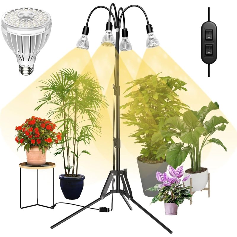 4-Piece Full Spectrum Indoor Plant Grow Light, Detachable Tripod Stand, Adjustable Height 35-64in, 128W Portable Grow Lamp for Seedlings & Potted Plants, Compatible with Indoor Grow Systems