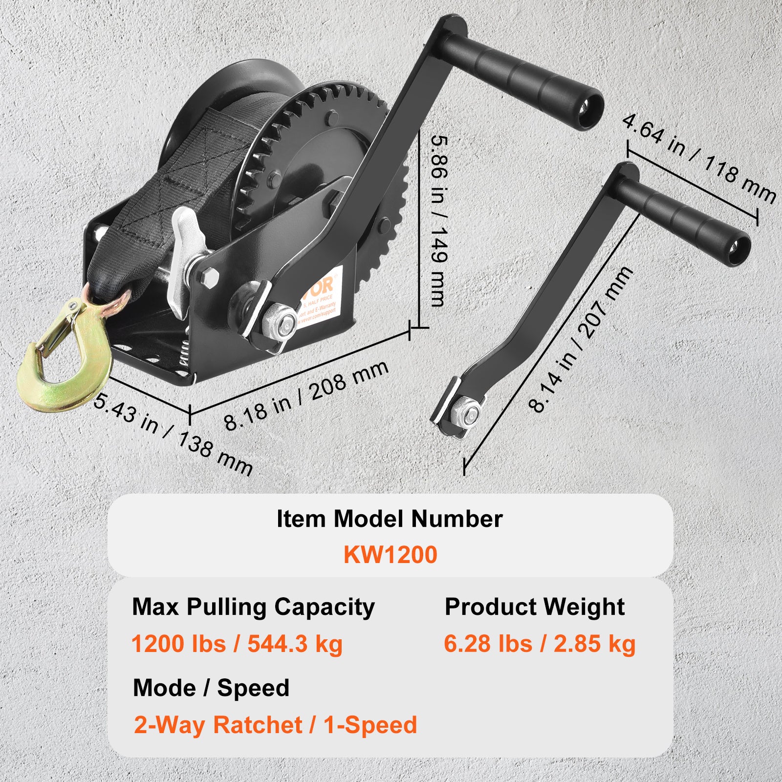 VEVOR Hand Winch, 1200/1600/2000/3500 lbs Pulling Capacity, Boat Trailer Winch with 23 ft Polyester Strap and Two-Way Ratchet, for Trailer, Boat or ATV Towing