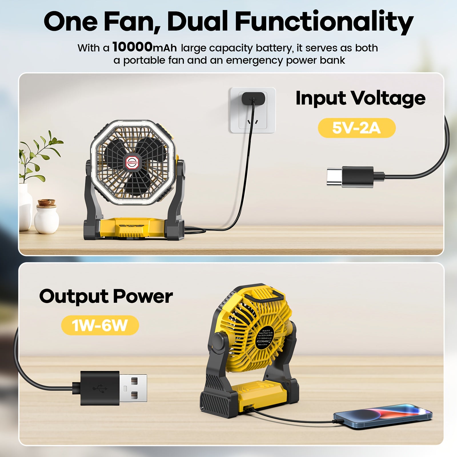Portable Camping Fan with LED Light, USB Rechargeable, 4 Speed Adjustable, with Hook, for Picnic, BBQ, Fishing, Travel, Home, Tent