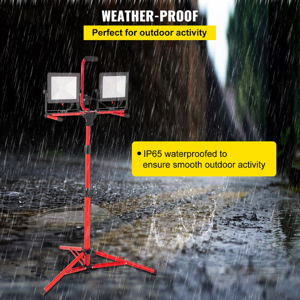 VEVOR LED work light with stand, 1/2 pieces, 5000lm/10000/20000 lumens dual-head LED work light, 27.6“-68.1” adjustable foldable tripod, IP65 waterproof LED tripod work light, 5000 Kelvin color temperature