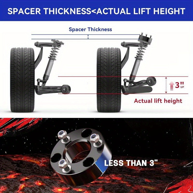 Suspension Lift Kit Material: 6061 Aluminum, Fitment: 2004-2024 for Ford F150 2WD and 4WD 3" Front；OD: 149MM, ID: 77.7MM, Thickness: 50MM. PCD: 3X117-3X117. Includes: M10*1.5*40 Hex Socket Screws x6, M10*1.5 Lock Nuts x6
