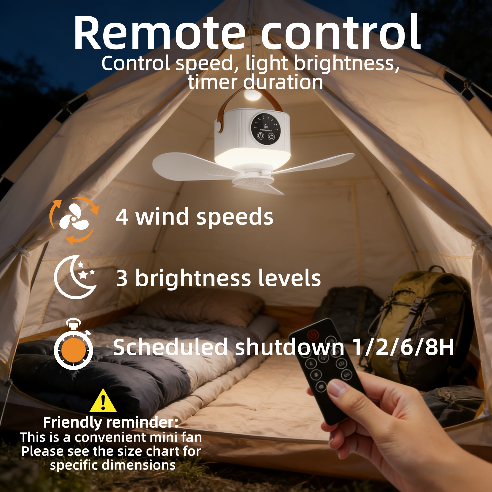 USB Rechargeable Portable Camping Fan with LED Night Light, 4 Speed Levels Long Lasting Battery Strong Wind, Hanging Fan for Dorm Tent, Ideal for Camping Fishing Outdoor Adventure Camping Accessories