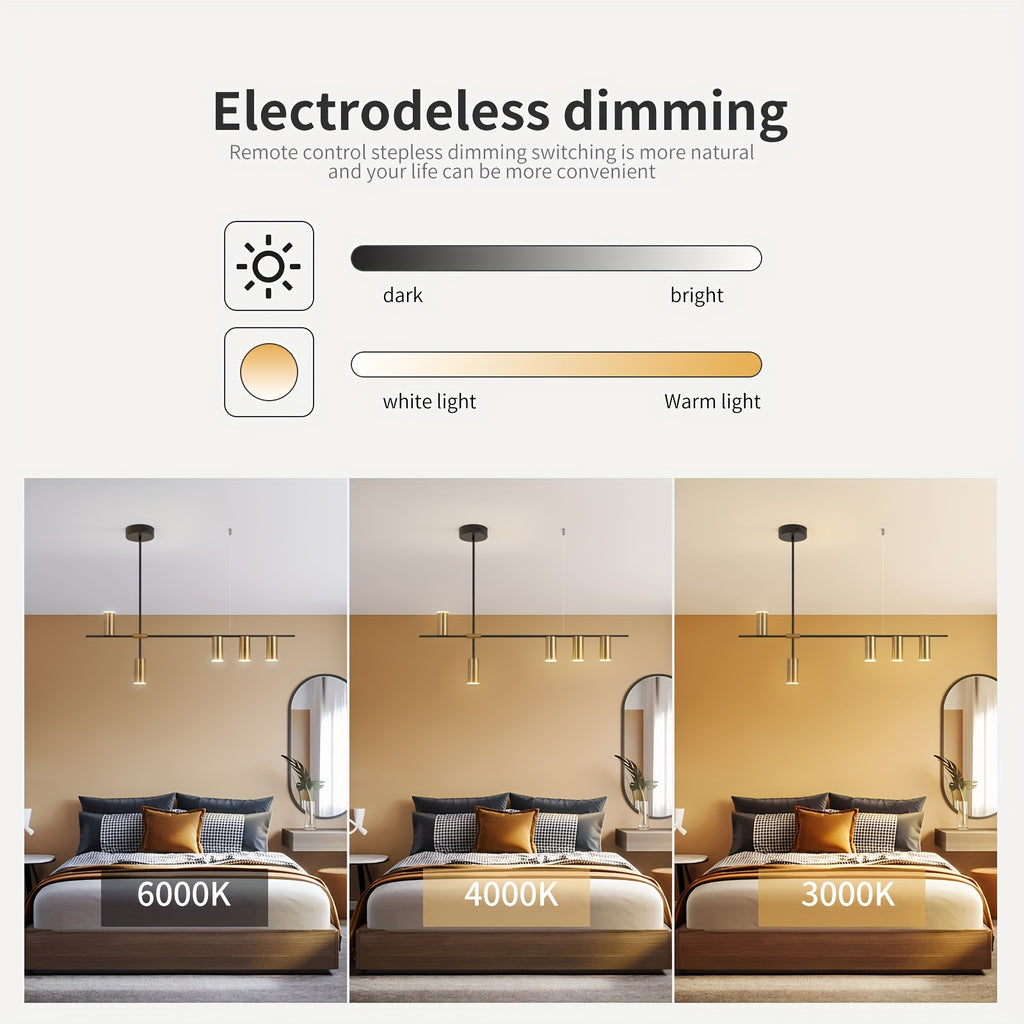 Adjustable dimmable linear pendant light, with remote control, modern LED pendant light design, polished metal lamp head, black and gold hanging light, suitable for kitchen island, dining room and living room