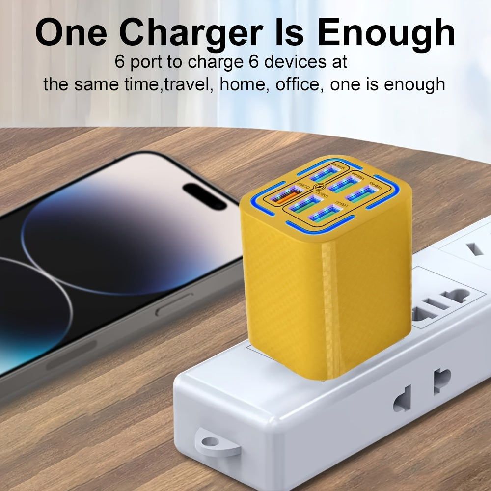 6 Ports USB Charger QC Fast Charging US Plug with 39.37inch USB to Type-C Cable, Fast Charger Power Adapter for iPhone 17, for Xiaomi, for Samsung Wall Charger- Ideal for Home And Travel, Multidevice Charging, Home Charging Station, Compact Design