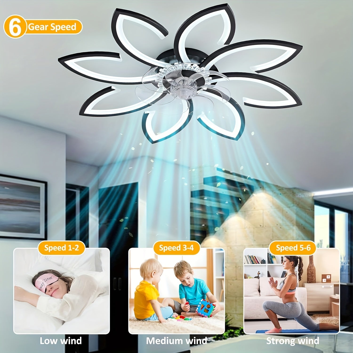 Qcyuui 35 Inch Modern Bladeless Ceiling Fan with Light, Remote Control, Ultra-Thin, Flush Mount, Smart, Reversible Blades, for Bedroom, Living Room, Black