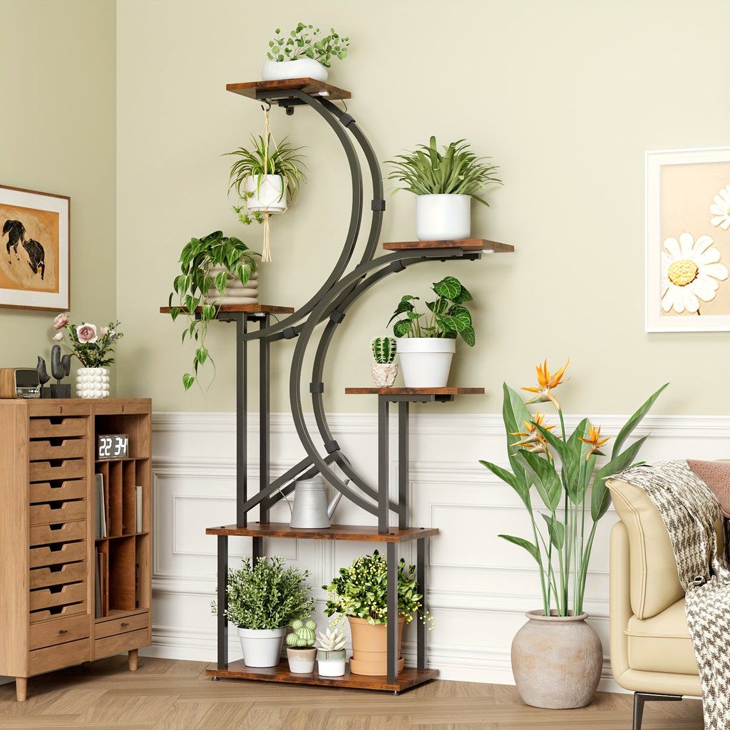 Indoor Plant Stand with Grow Light, 6/7-Tier Multi-layer Large Polygonal Metal Curved Display Shelf, Ideal for Balcony, Home Decor and Christmas Decoration