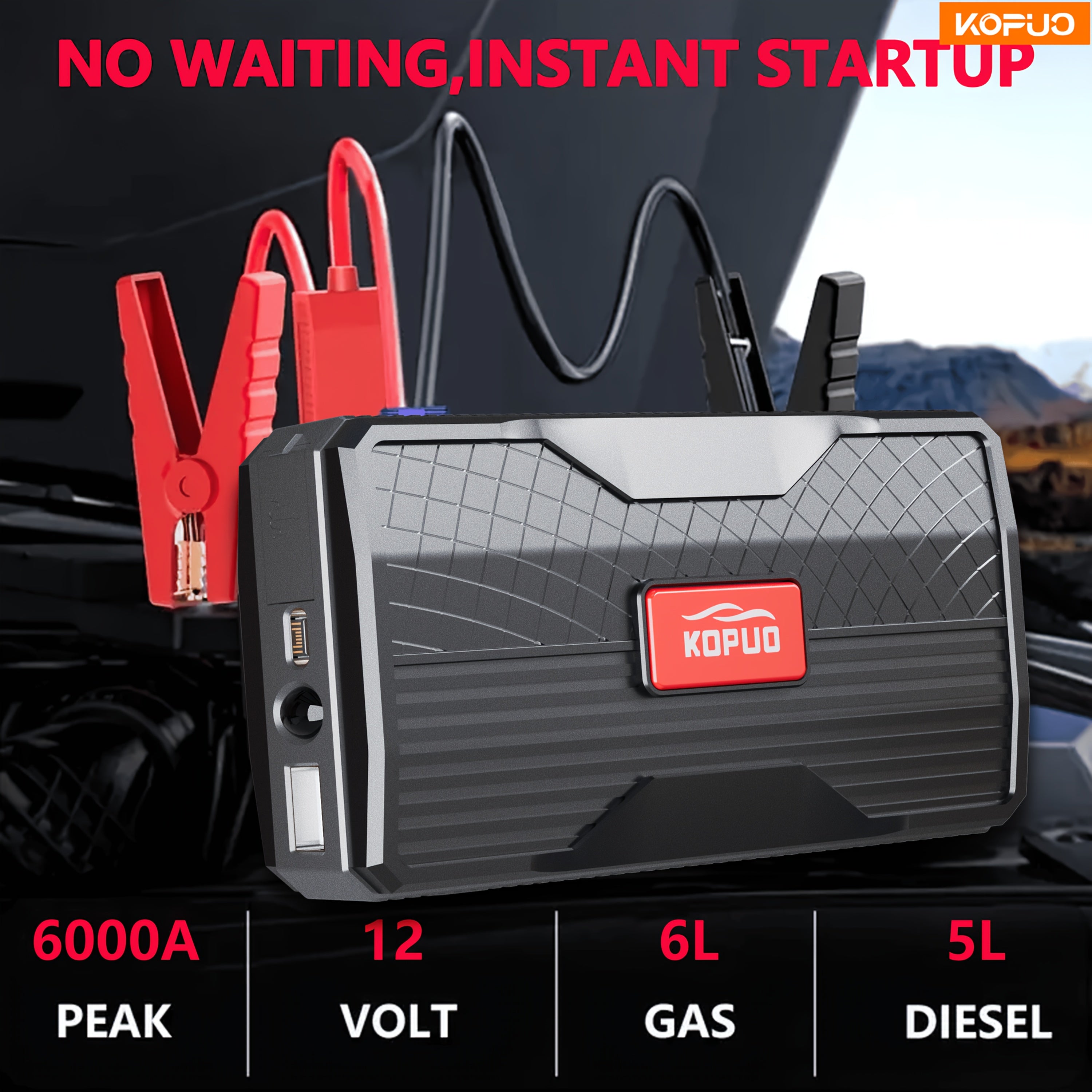 12V Car Battery Jump Starter - 6000A Portable Jump Box for Up to 1.59gal Gas & 1.32gal Diesel Engines, with USB/Power Bank/Dual Output & LED Light + Car Charger