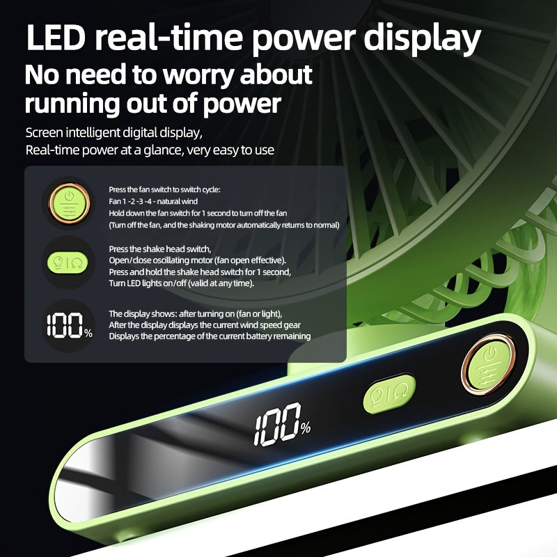 Multifunctional 2000mAh Rechargeable Circulating Fan, 5 Adjustable Wind Speeds, Built-in Night Light and Digital Display for Real-time Battery Check, 90° Vertical Adjustable Angle, Ideal for Home Office Outdoor Use